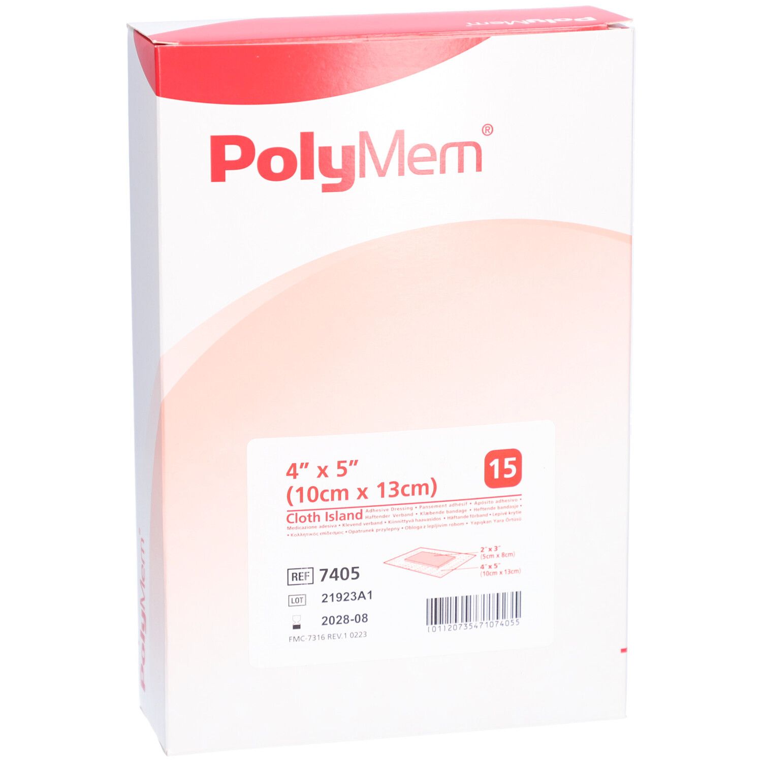 PolyMem Heftpflaster-Verpackung. Aufdruck: 4" x 5" (10cm x 13cm), 15 Stück. Produktinformationen und Barcode.