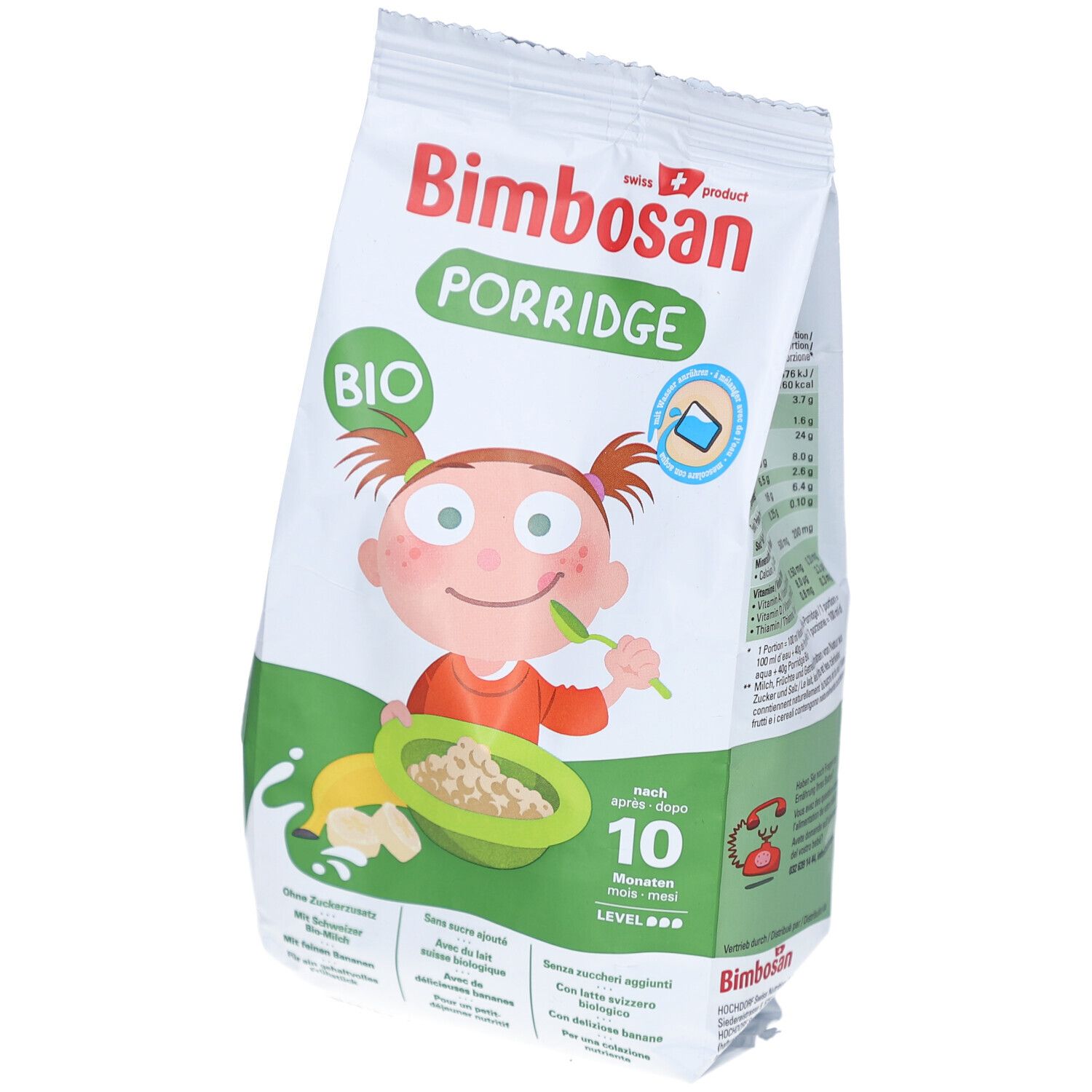 Paquet de Porridge Bimbosan en biais. Emballage vert et blanc avec illustration enfant. Contient bouillie de céréales bio pour bébés dès 10 mois.