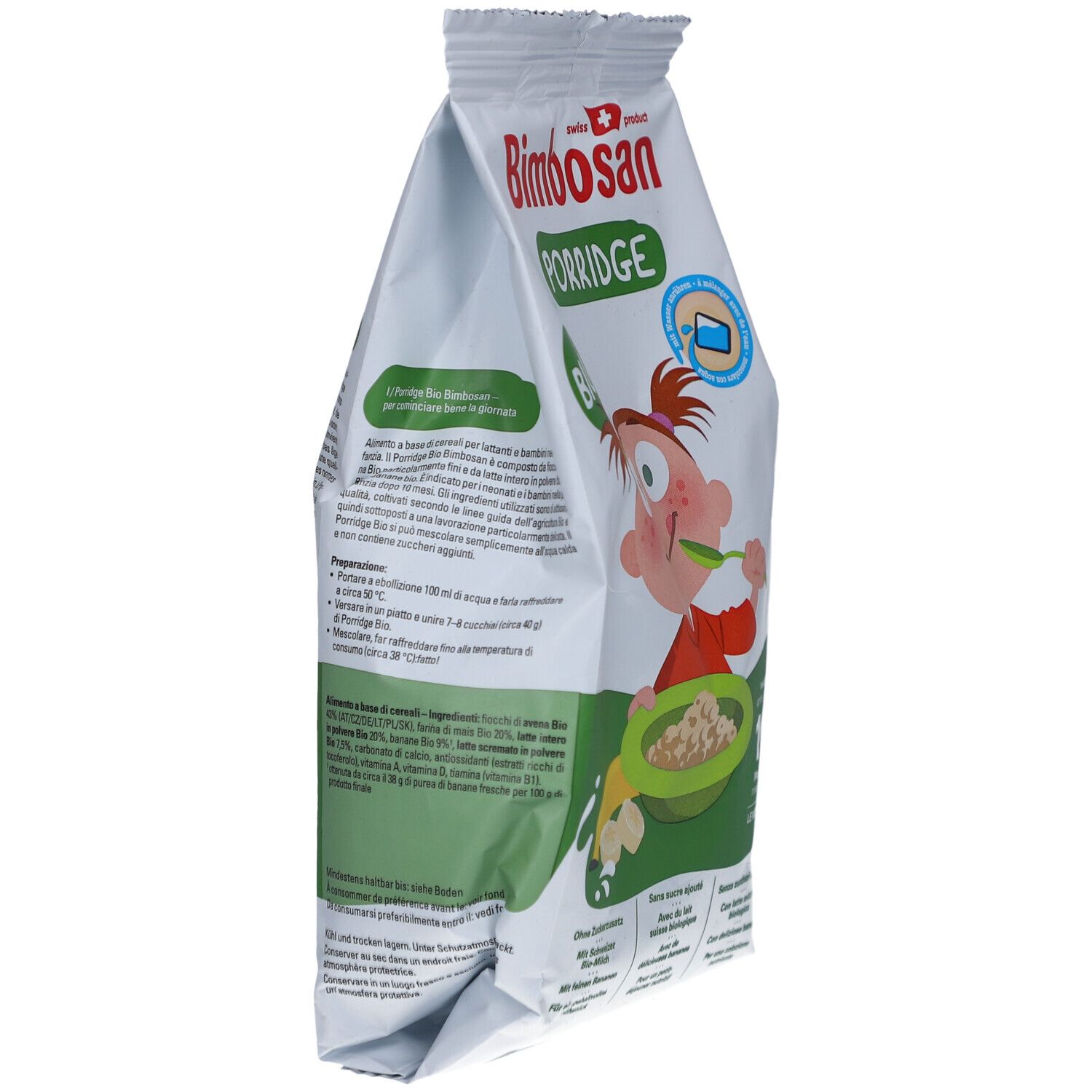 Paquet de Porridge Bimbosan en biais. Dos avec texte et ingrédients. Contient bouillie de céréales bio pour bébés dès 10 mois.