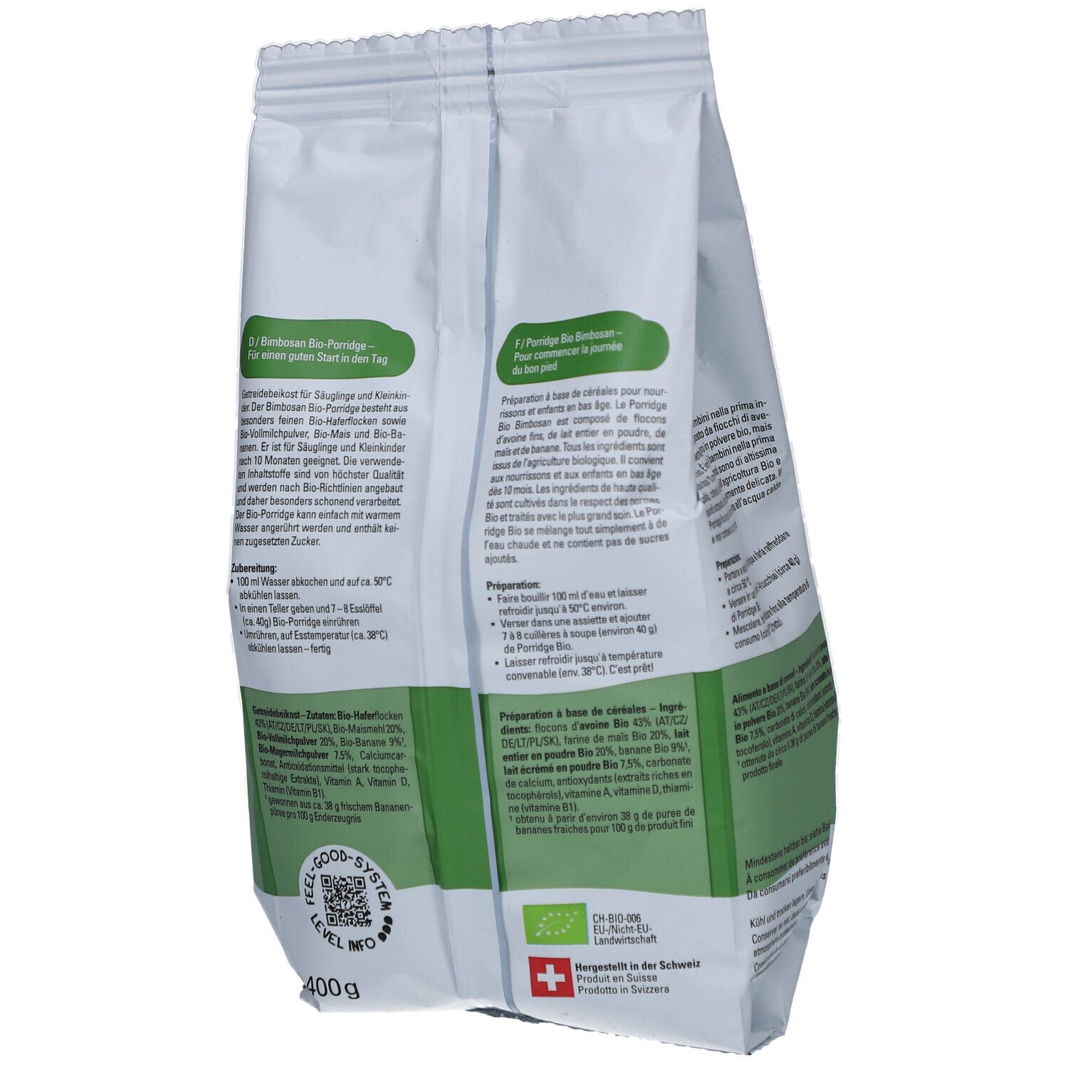 Paquet de Porridge Bimbosan en biais. Dos avec texte et ingrédients. Contient bouillie de céréales bio pour bébés dès 10 mois.