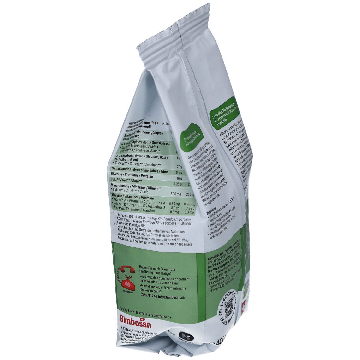 Paquet de Porridge Bimbosan en biais. Côté avec informations nutritionnelles. Contient bouillie de céréales bio pour bébés dès 10 mois.