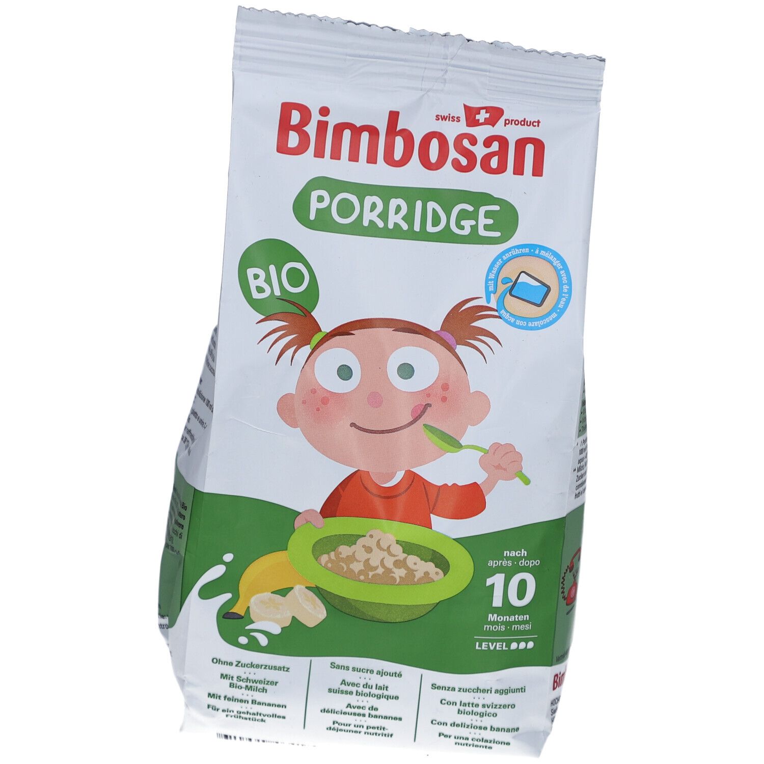 Paquet de Porridge Bio Bimbosan en biais. Emballage vert et blanc avec illustration enfant. Contient bouillie de céréales bio pour bébés dès 10 mois.