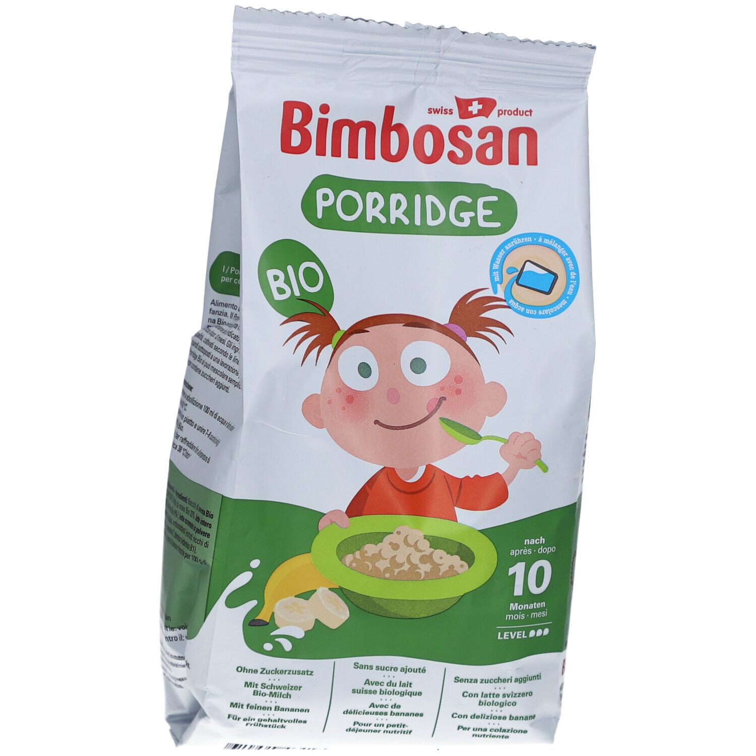 Paquet de Porridge Bio Bimbosan en biais. Emballage vert et blanc avec illustration enfant. Contient bouillie de céréales bio pour bébés dès 10 mois.
