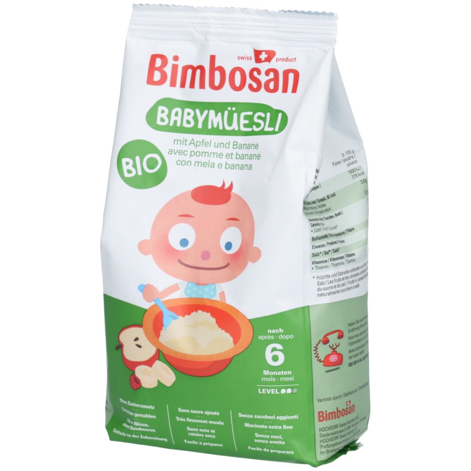 Sachet blanc Bimbosan Baby Müesli. Label Bio, image bébé avec bouillie. Texte: Pomme et banane, à partir de 6 mois.