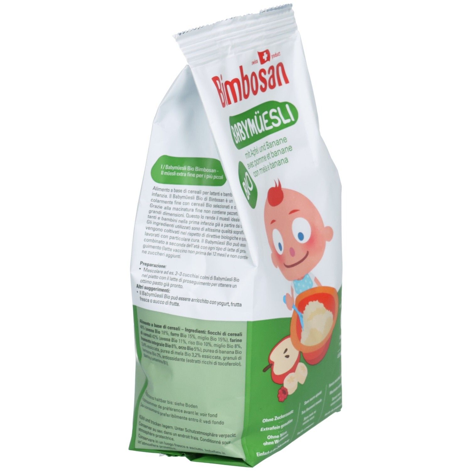 Dos du sachet Bimbosan Baby Müesli. Texte et illustrations. Label Bio. Informations produit en plusieurs langues.