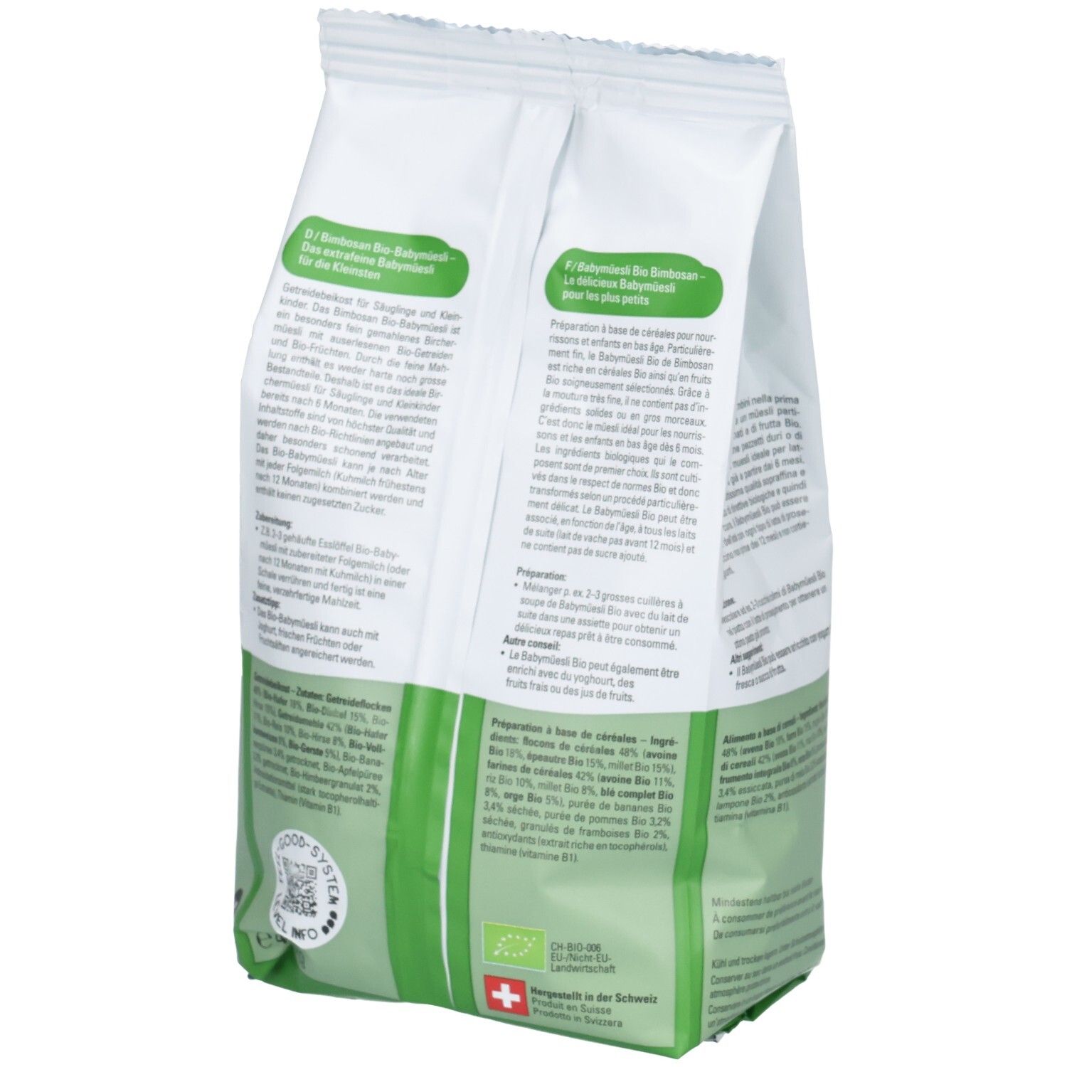 Dos du sachet Bimbosan Baby Müesli. Texte et illustrations. Label Bio. Informations produit en plusieurs langues.