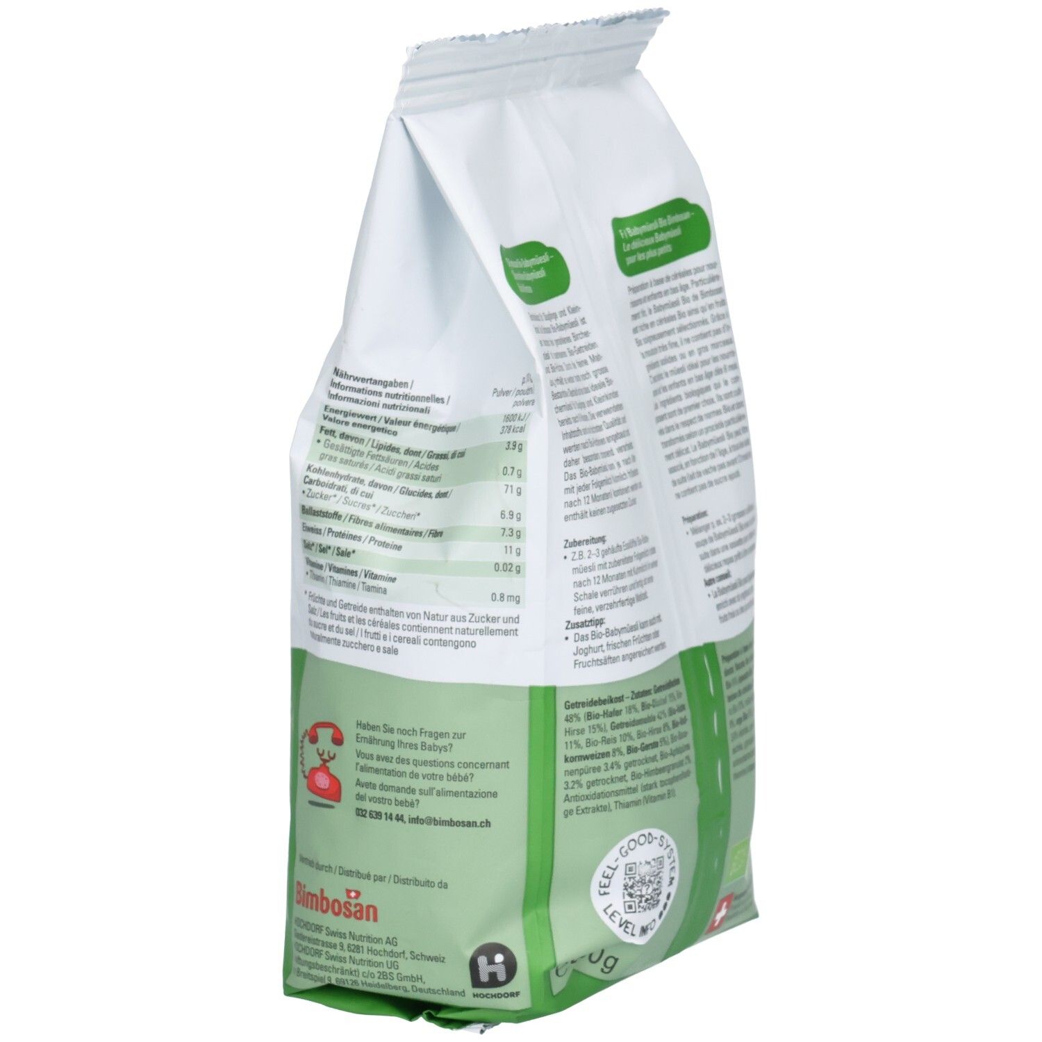 Dos du sachet Bimbosan Baby Müesli. Texte et illustrations. Label Bio. Informations nutritionnelles et autres informations.