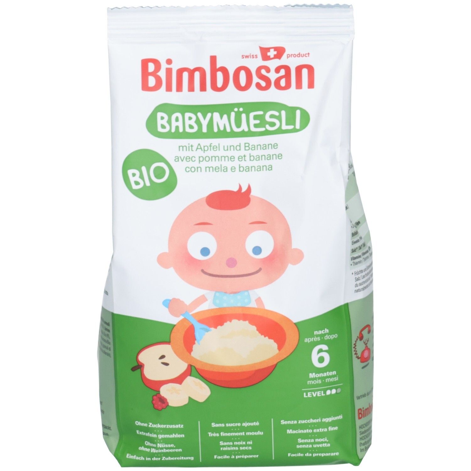 Sachet blanc Bimbosan Baby Müesli. Label Bio, image bébé avec bouillie. Texte: Pomme et banane, à partir de 6 mois.