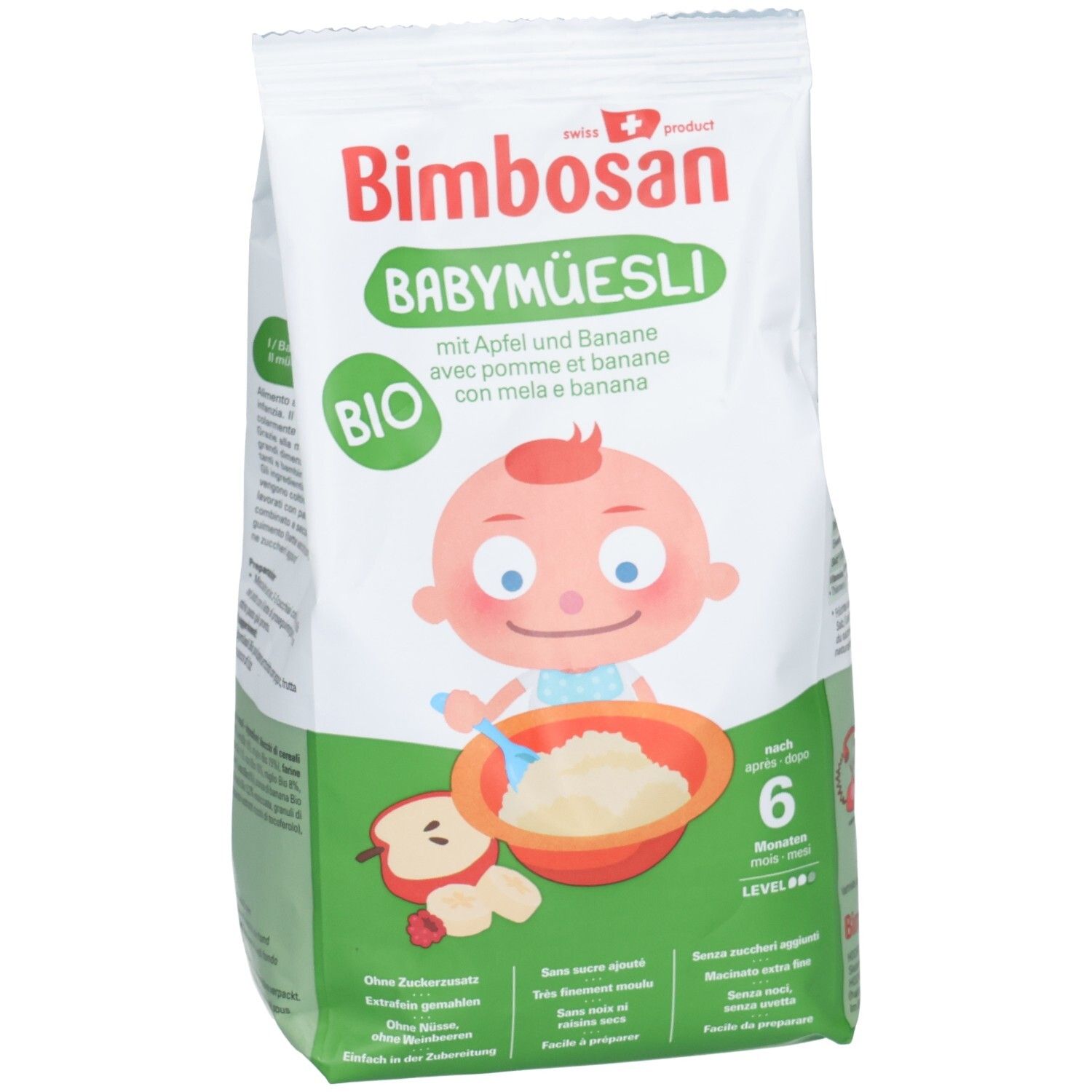 Sachet blanc Bimbosan Baby Müesli. Label Bio, image bébé avec bouillie. Texte: Pomme et banane, à partir de 6 mois.