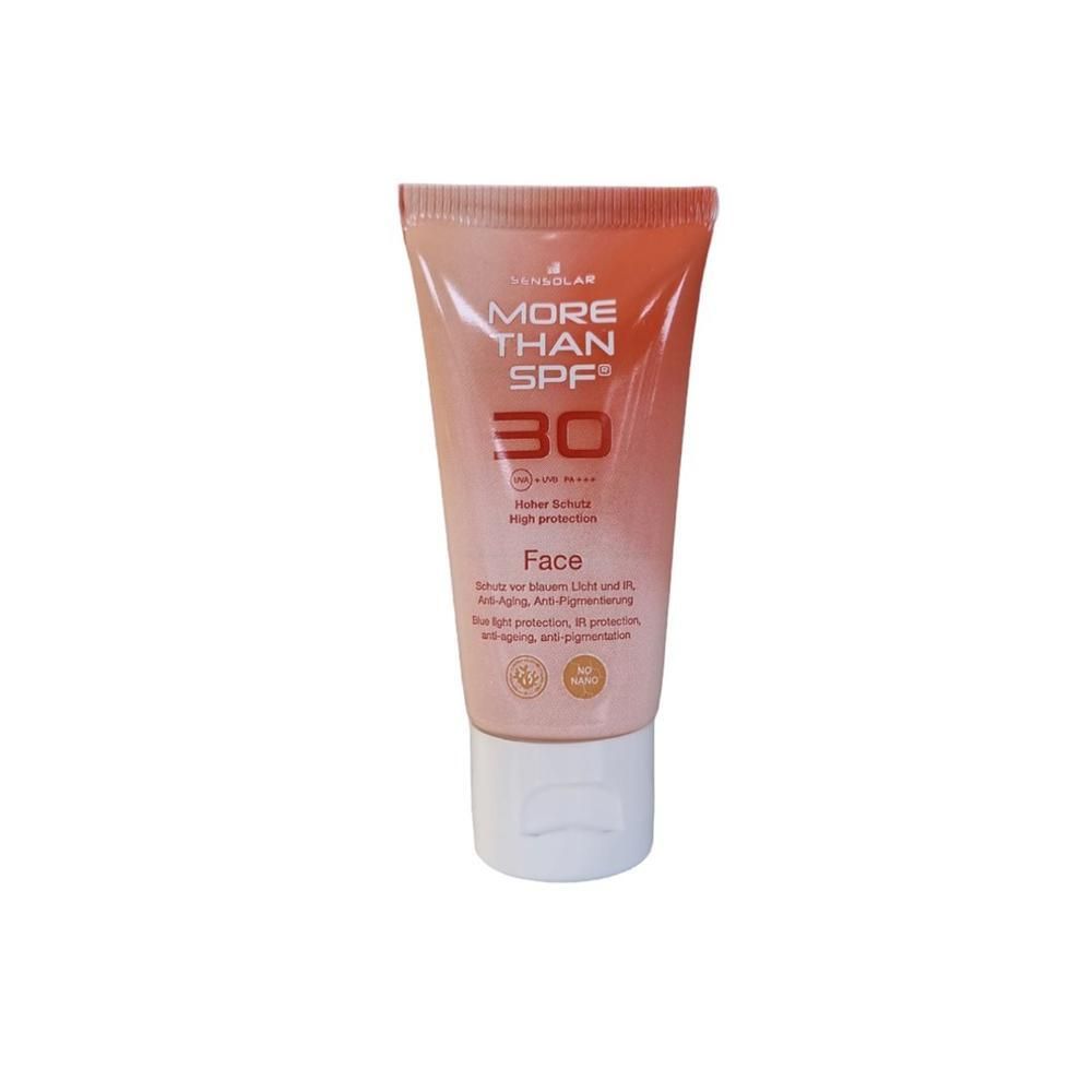 Creme-Tube mit Aufschrift MORE THAN SPF 30. Enthält UV-Schutz. Gesichtspflege. Weißer Verschluss.