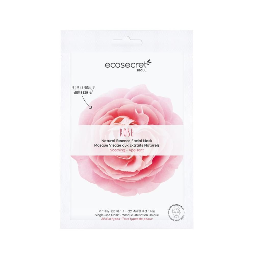 Masque facial emballé blanc avec motif rose. Texte: ecosecret, ROSE, Natural Essence Facial Mask. Origine: Corée du Sud. Pour tous types de peau.