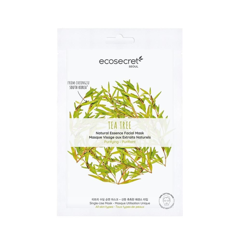 Masque facial Ecosecret, emballage blanc. Motif de feuilles de thé. Inscription: Tea Tree, Natural Essence Facial Mask. 100% coton.