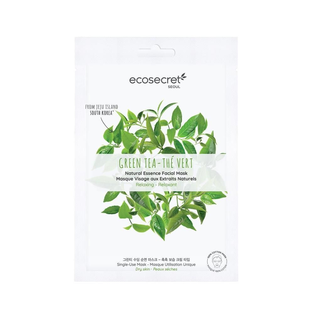 Emballage de masque facial. Inscription: Ecosecret, Thé Vert. Illustration de feuilles. Texte: Natural Essence Facial Mask, Relaxing.