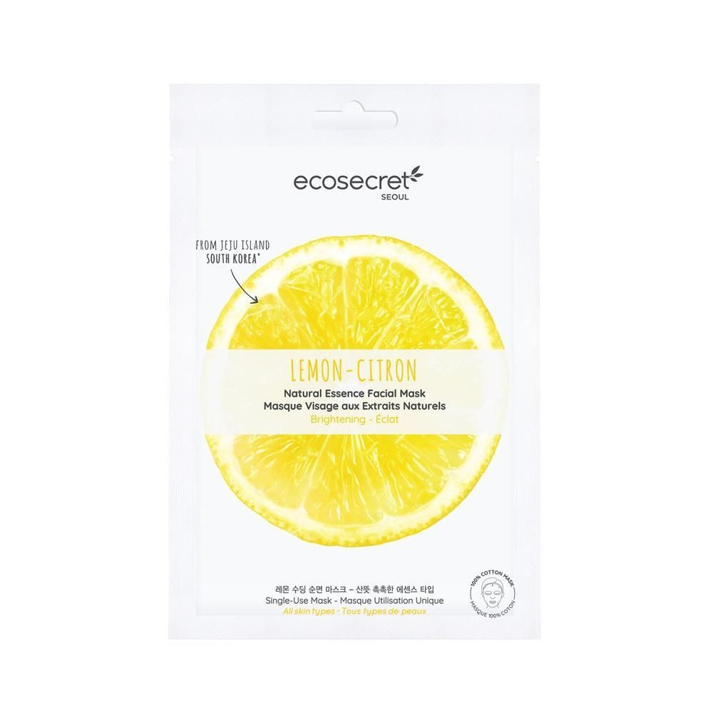 Masque facial emballé blanc avec motif citron. Texte: LEMON-CITRON, ecosecret, Natural Essence Facial Mask.