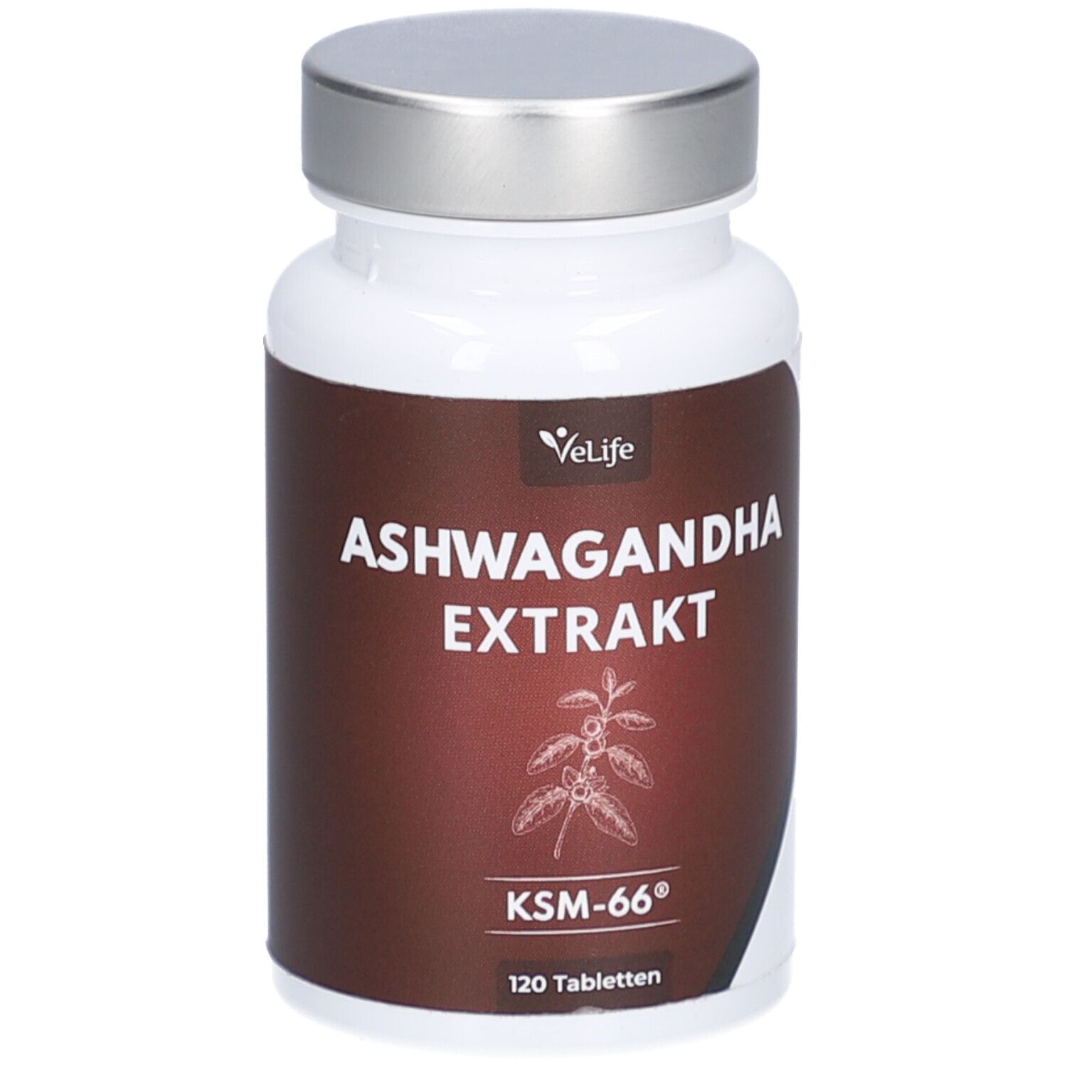 Weiße Flasche mit silbernem Deckel. Aufschrift: Ashwagandha Extrakt, KSM-66, 120 Tabletten. Marke: Velife.