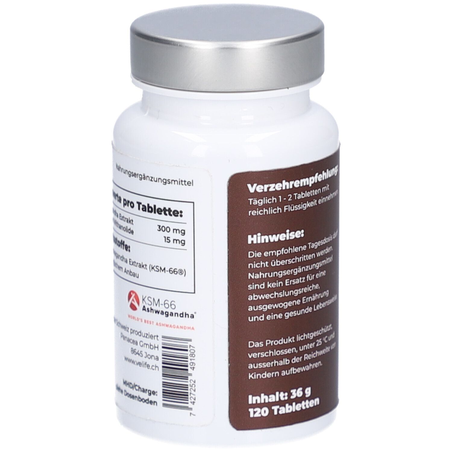 Weiße Flasche mit silbernem Deckel. Auf der braunen Seite Text. Enthält Informationen zu Inhaltsstoffen und Nährwerten.