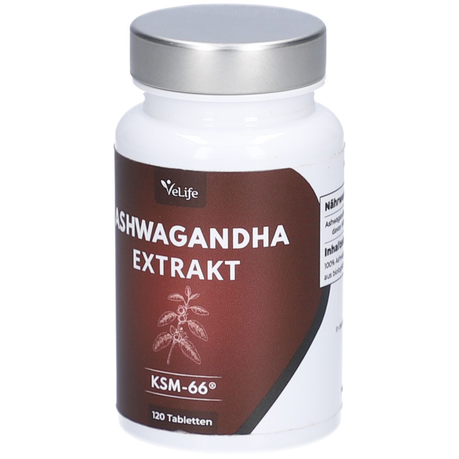 Weiße Flasche mit silbernem Deckel. Aufschrift: Ashwagandha Extrakt, KSM-66, 120 Tabletten. Marke: Velife.