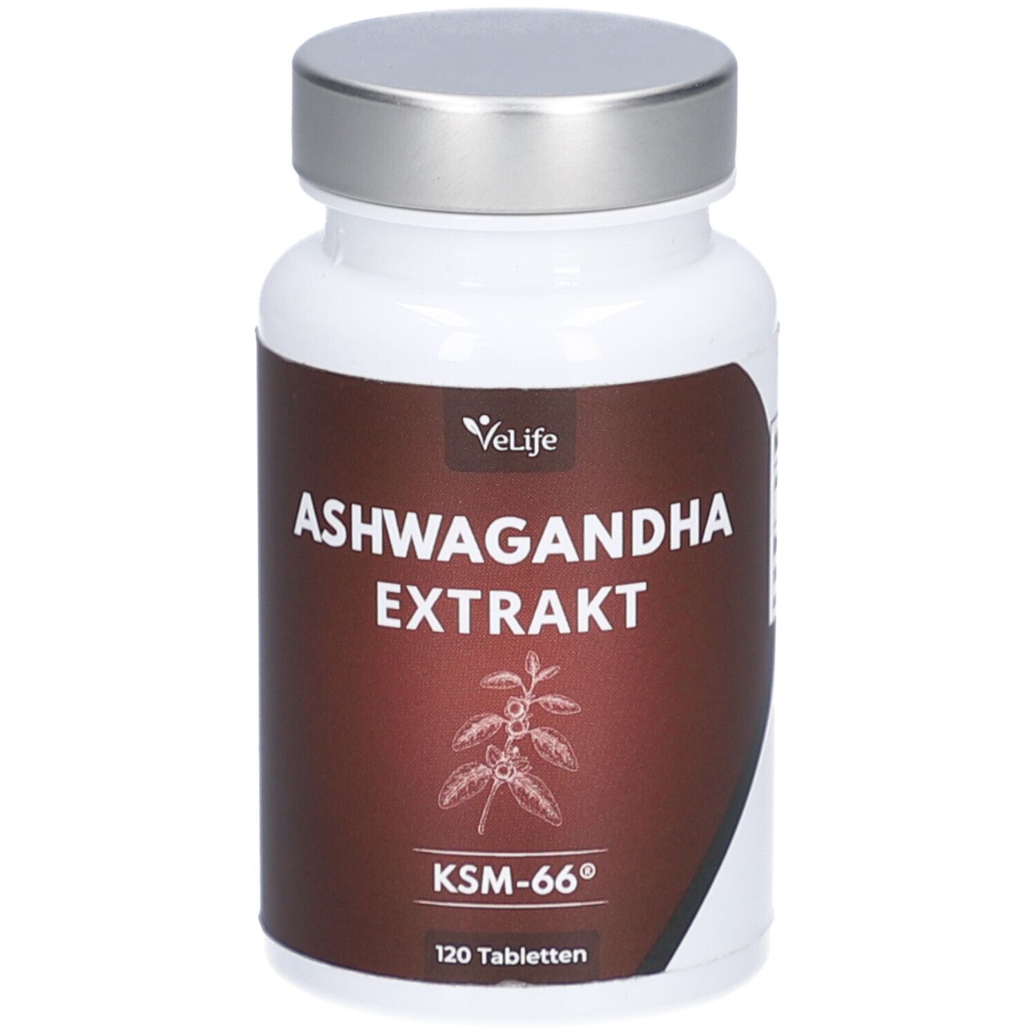 Weiße Flasche mit silbernem Deckel. Aufschrift: Ashwagandha Extrakt, KSM-66, 120 Tabletten. Marke: Velife.