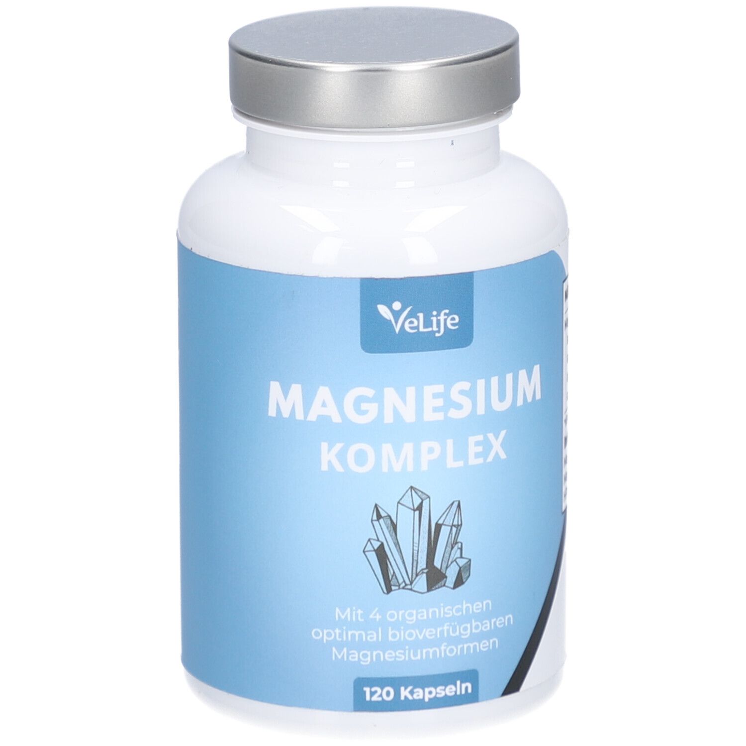 Weiße Flasche mit silbernem Deckel. Etikett mit "VeLife", "Magnesium Komplex" und Kristallen. 120 Kapseln.