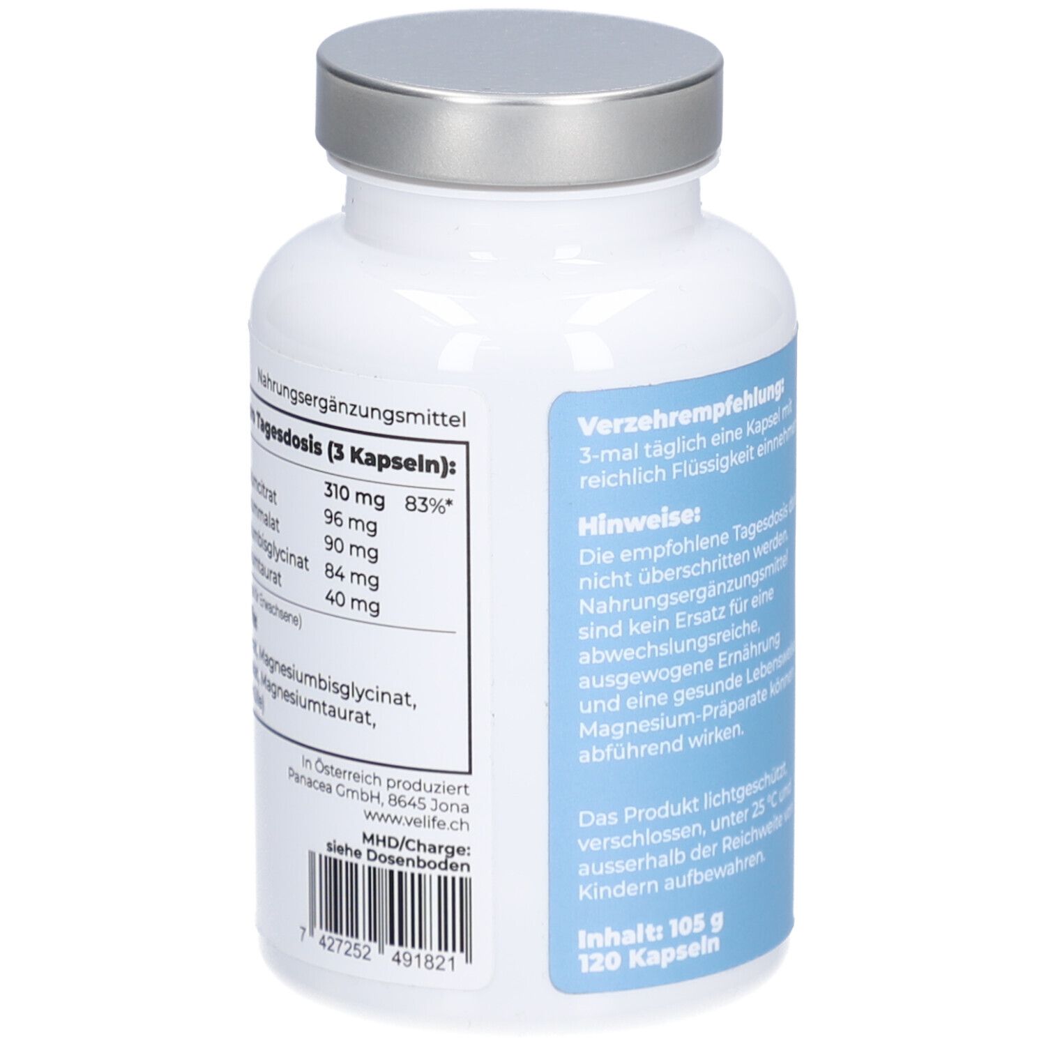 Weiße Flasche, silberner Deckel. Rückseite mit Nährwertangaben und Inhaltsstoffen. 105 g, 120 Kapseln.
