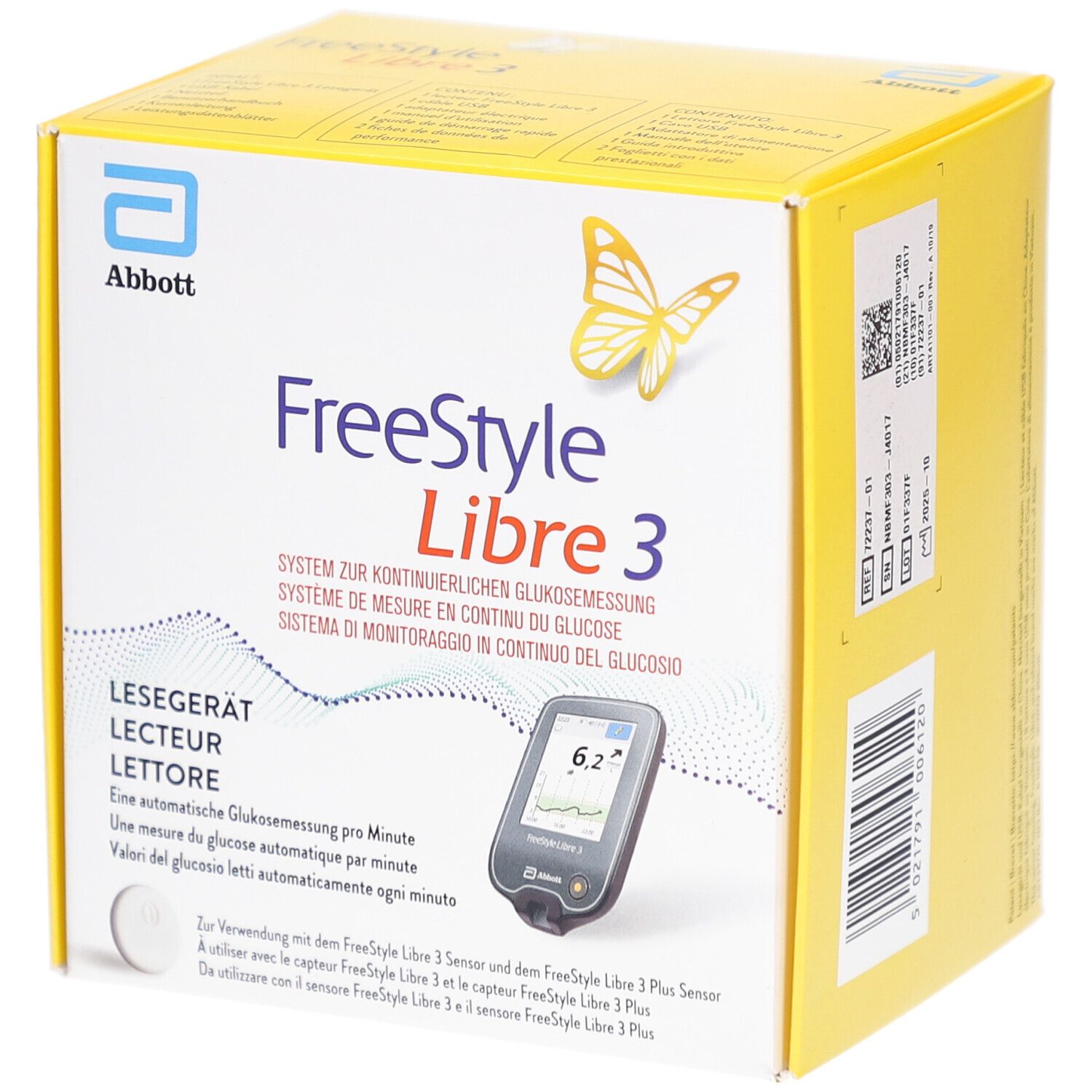 Boîte jaune avec logo Abbott et FreeStyle Libre 3. Contient lecteur et capteur. Texte en allemand, français, italien et espagnol.