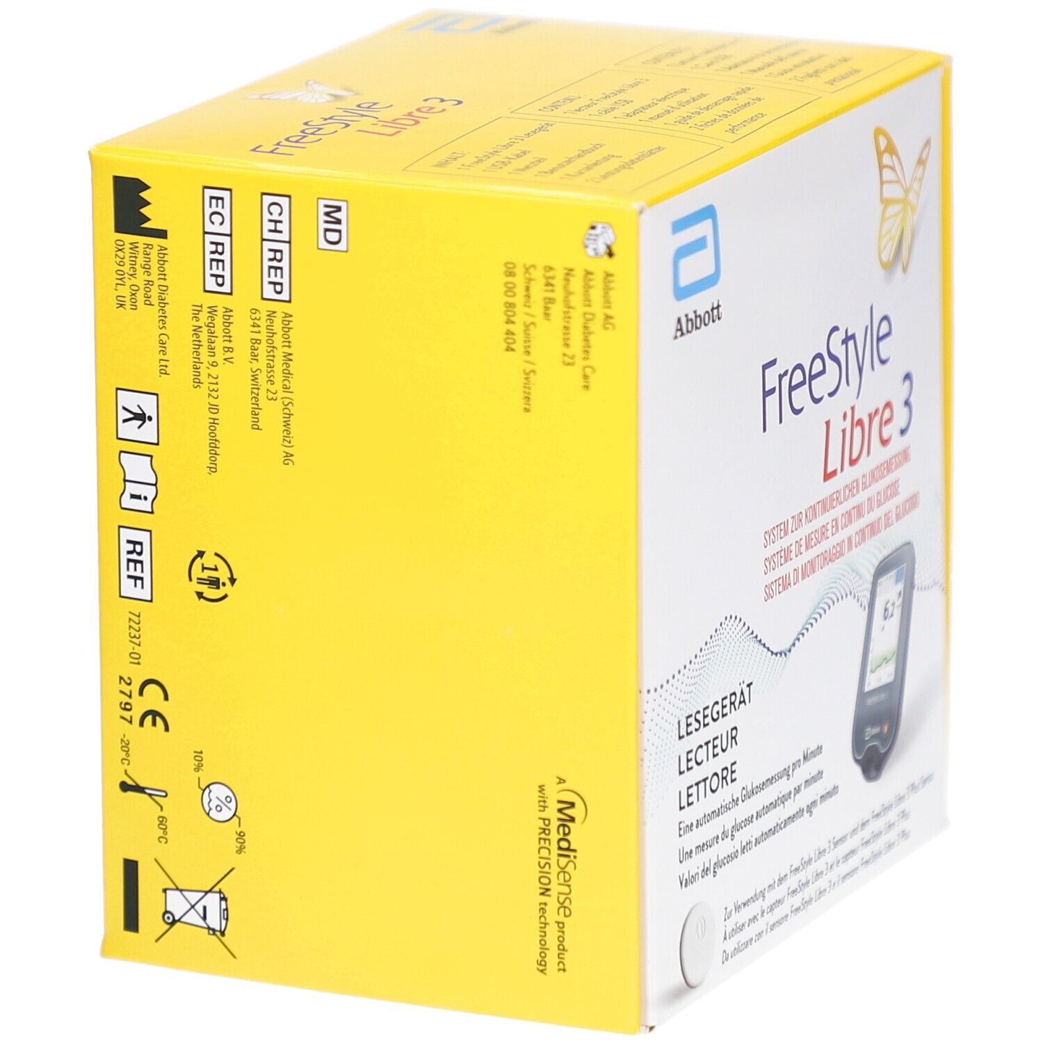 Boîte jaune avec logo Abbott et FreeStyle Libre 3. Contient lecteur et capteur. Texte en allemand, français, italien et espagnol.