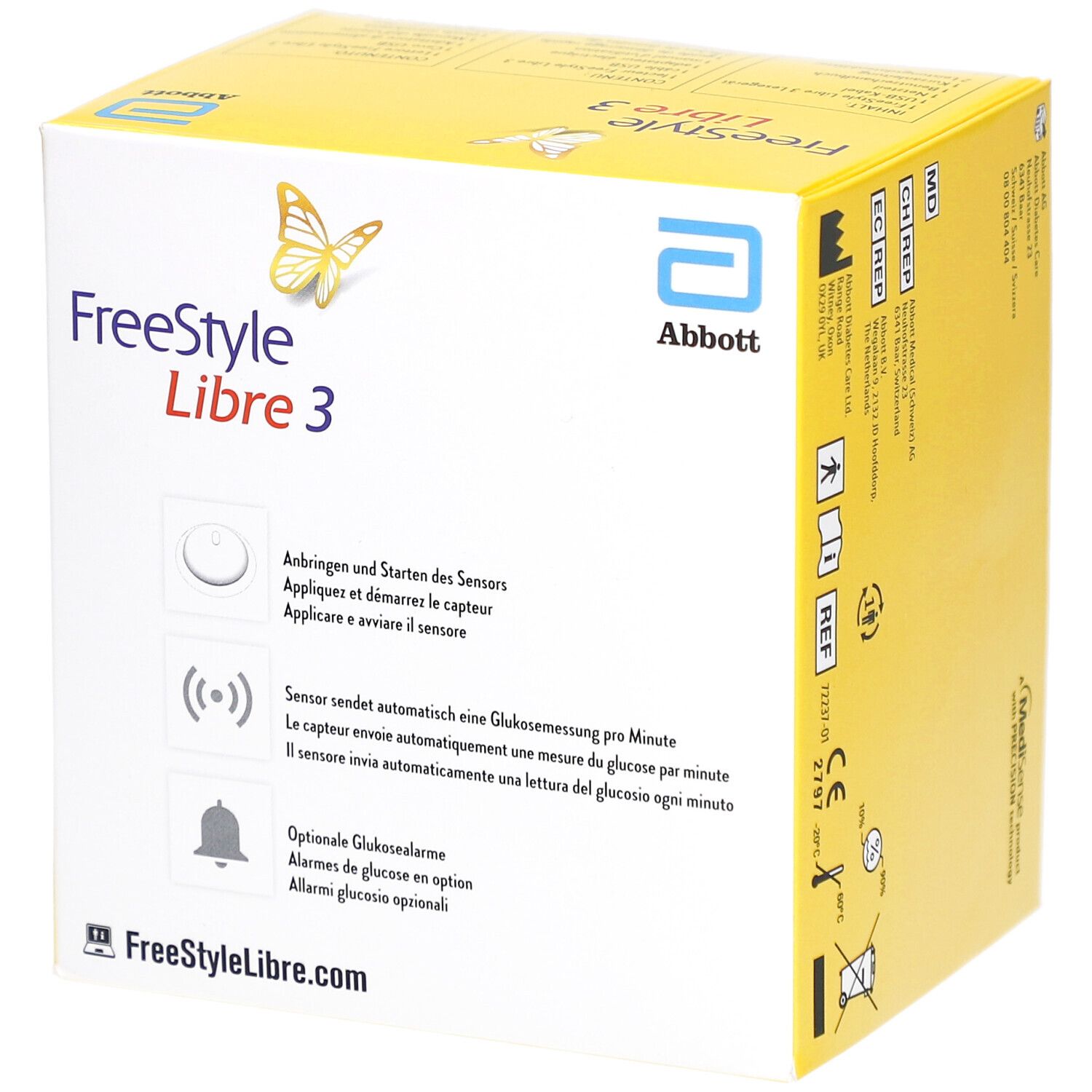 Boîte jaune avec logo Abbott et FreeStyle Libre 3. Contient lecteur et capteur. Texte en allemand, français, italien et espagnol.