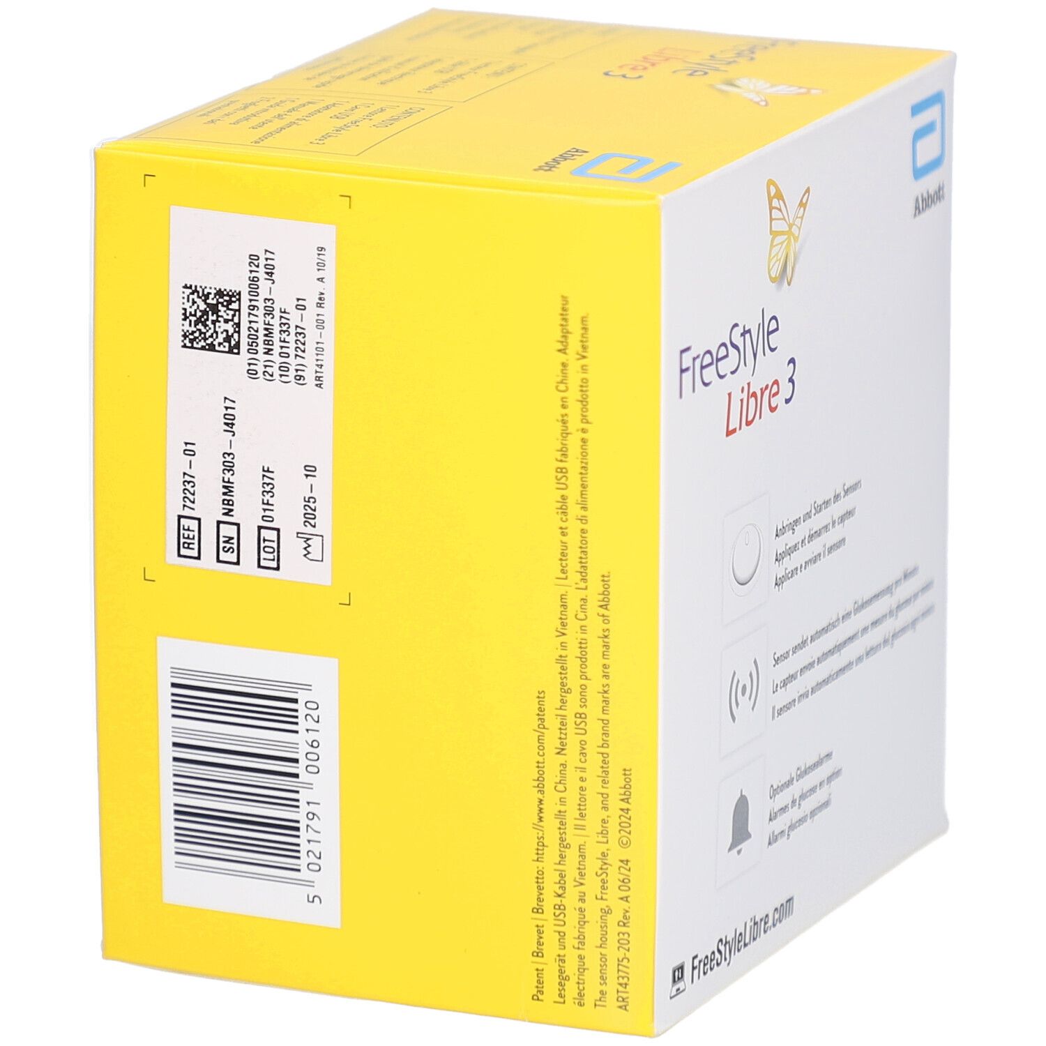 Boîte jaune avec logo Abbott et FreeStyle Libre 3. Contient lecteur et capteur. Texte en allemand, français, italien et espagnol.