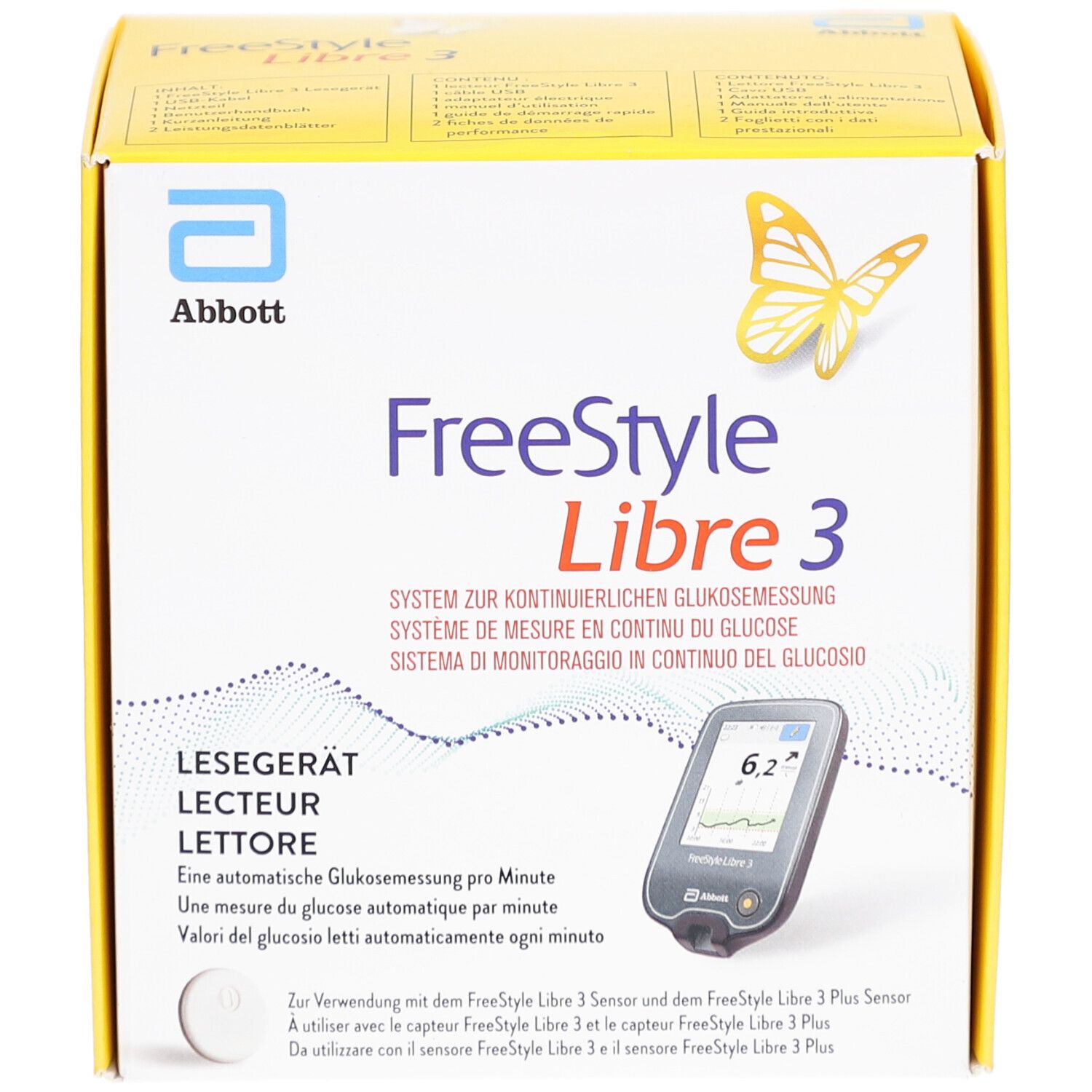 Boîte jaune avec logo Abbott et FreeStyle Libre 3. Contient lecteur et capteur. Texte en allemand, français, italien et espagnol.