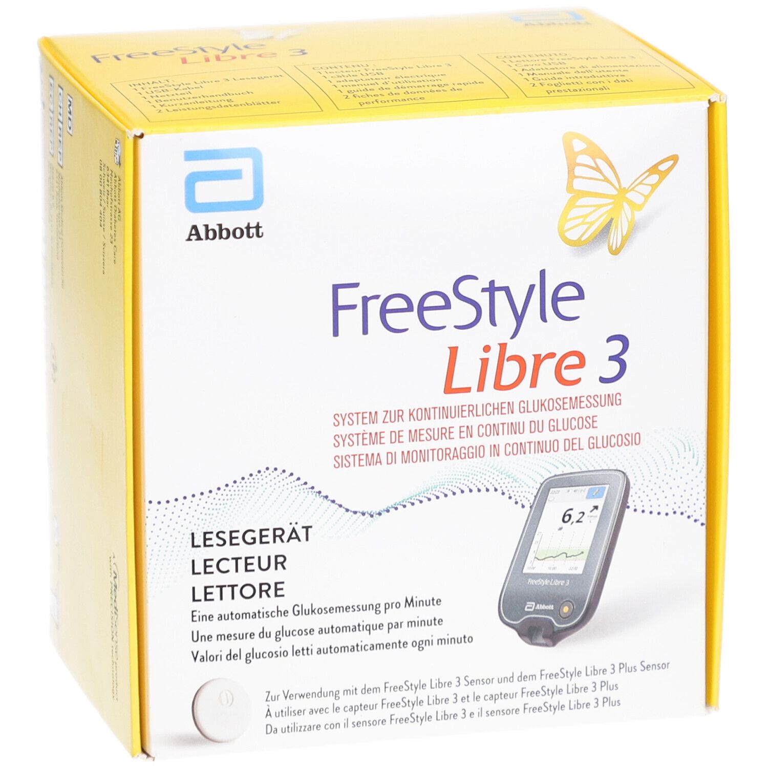 Boîte jaune avec logo Abbott et FreeStyle Libre 3. Contient lecteur et capteur. Texte en allemand, français, italien et espagnol.
