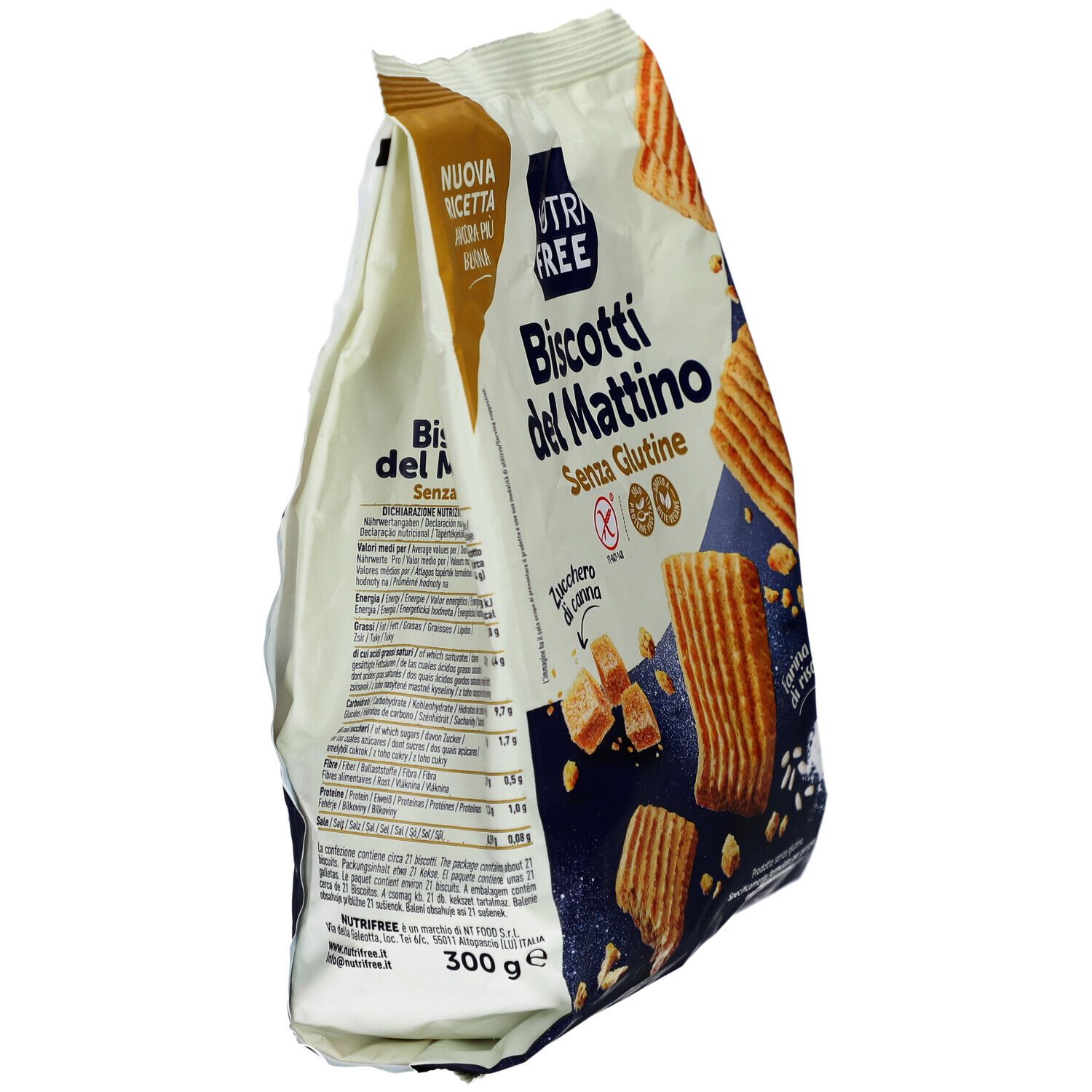 Verpackung von glutenfreien Keksen. Aufschrift: Nutri Free, Biscotti del Mattino, Senza Glutine. Seitenansicht mit Nährwertangaben.