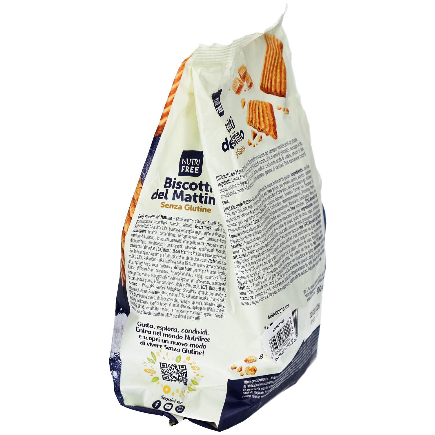 Seitenansicht der Verpackung von glutenfreien Keksen. Aufschrift: Nutri Free, Biscotti del Mattino, Senza Glutine. Mit Text und Logo.