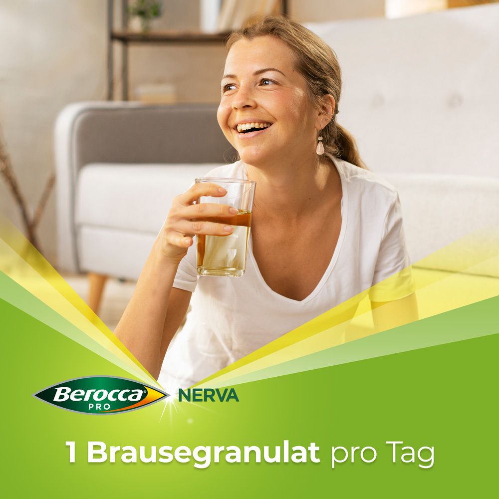 Femme buvant une boisson dans un verre. Logo Berocca PRO NERVA. Texte: 1 comprimé effervescent par jour.