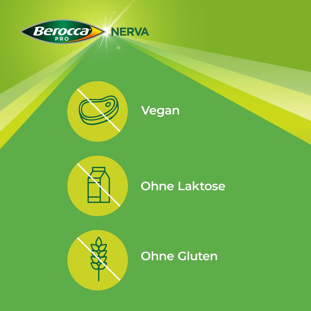 Icônes: Vegan, Sans lactose, Sans gluten. Logo Berocca PRO NERVA.