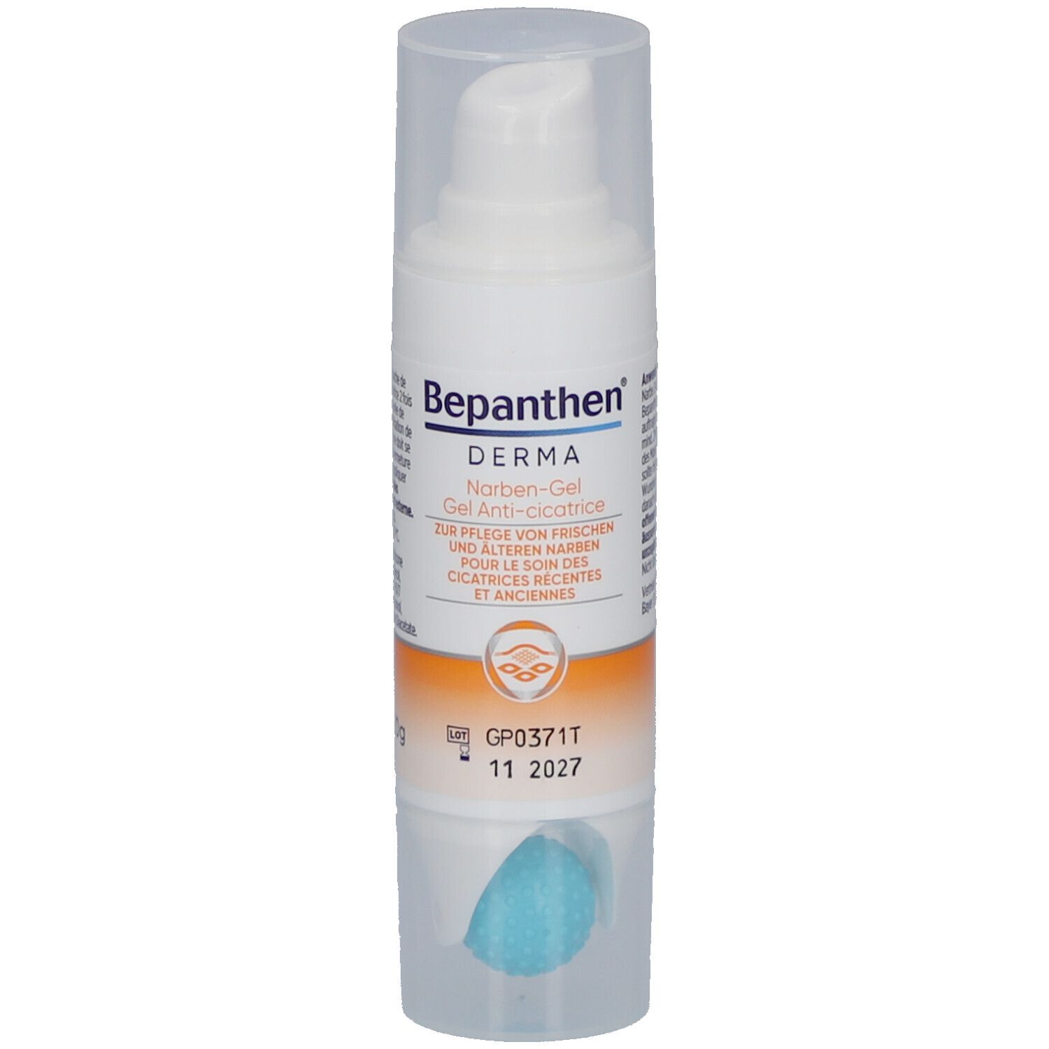 Weißer Spender mit transparentem Deckel. Aufschrift Bepanthen Derma Narben-Gel. Blaue Rolle am Boden.