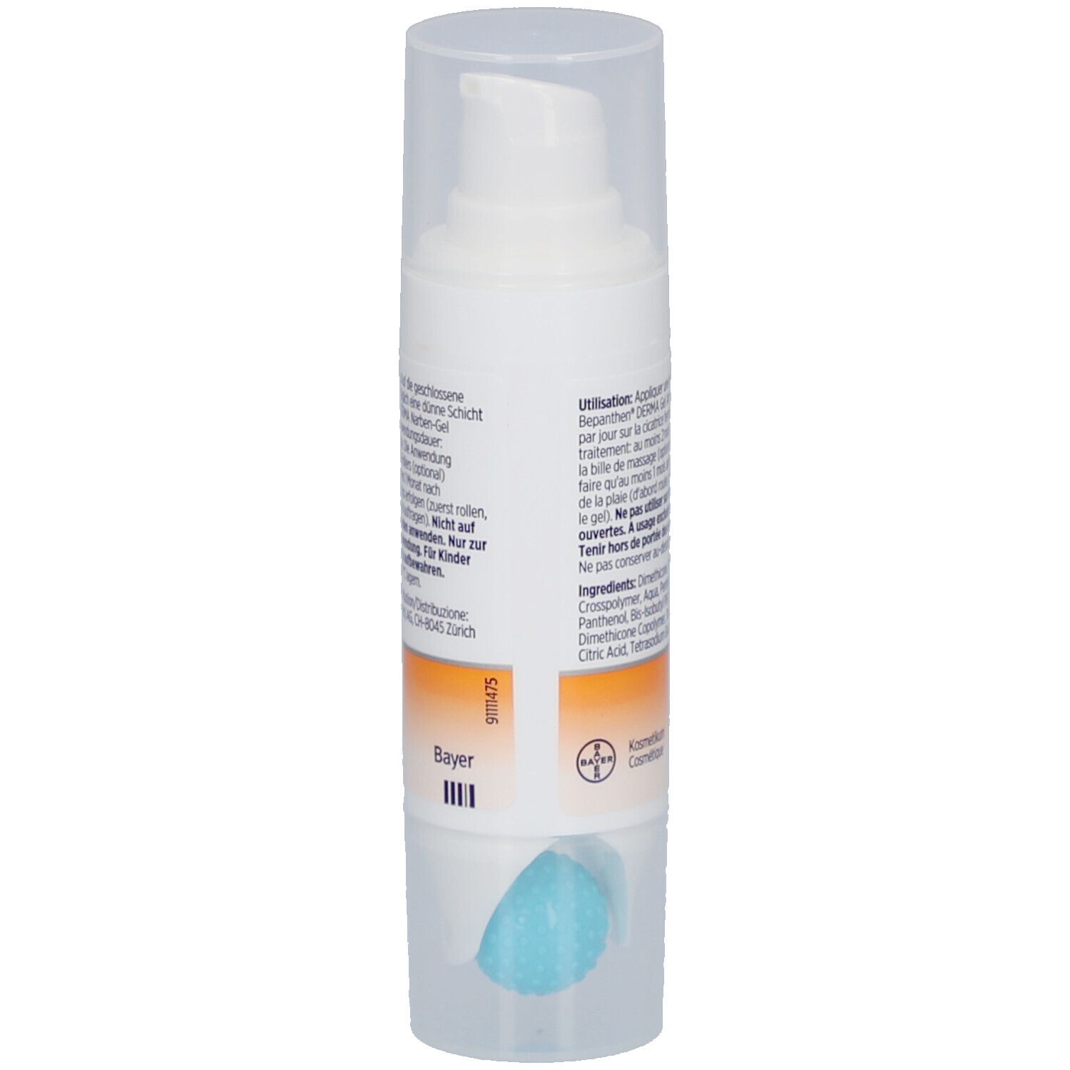 Rückseite des weißen Spenders. Text in mehreren Sprachen. Orangefarbener Streifen. Blaue Rolle.