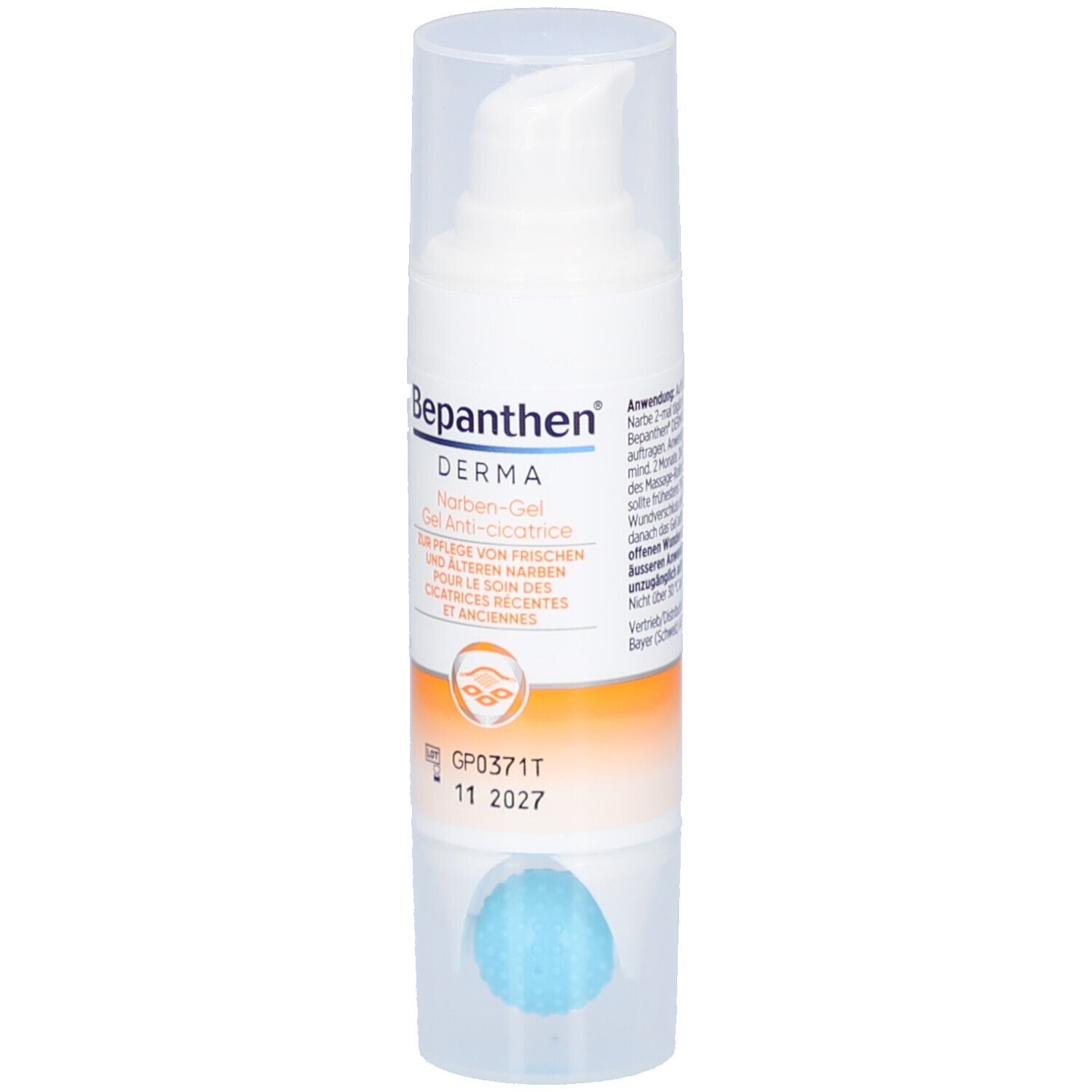 Weißer Spender mit transparentem Deckel. Aufschrift Bepanthen Derma Narben-Gel. Blaue Rolle am Boden.