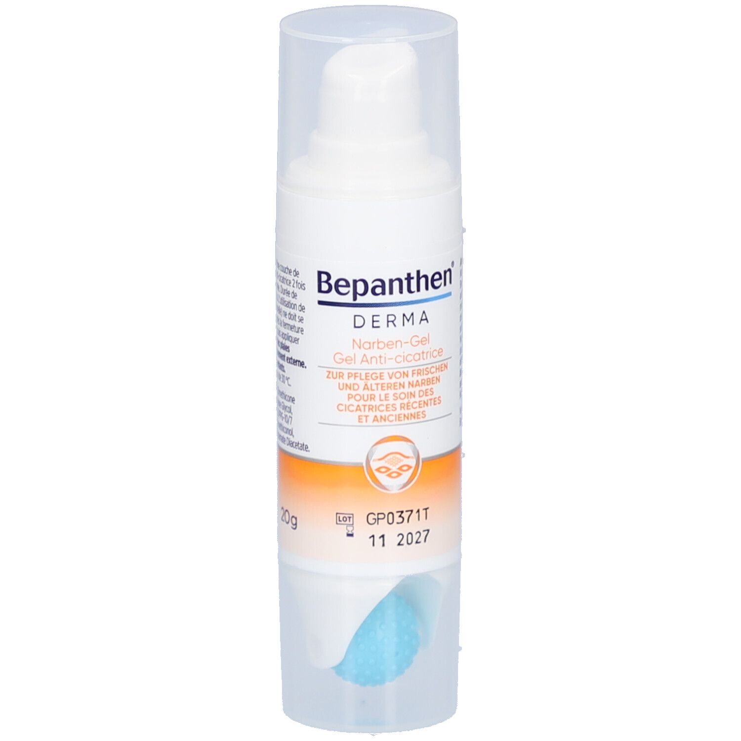 Weißer Spender mit transparentem Deckel. Aufschrift Bepanthen Derma Narben-Gel. Blaue Rolle am Boden.