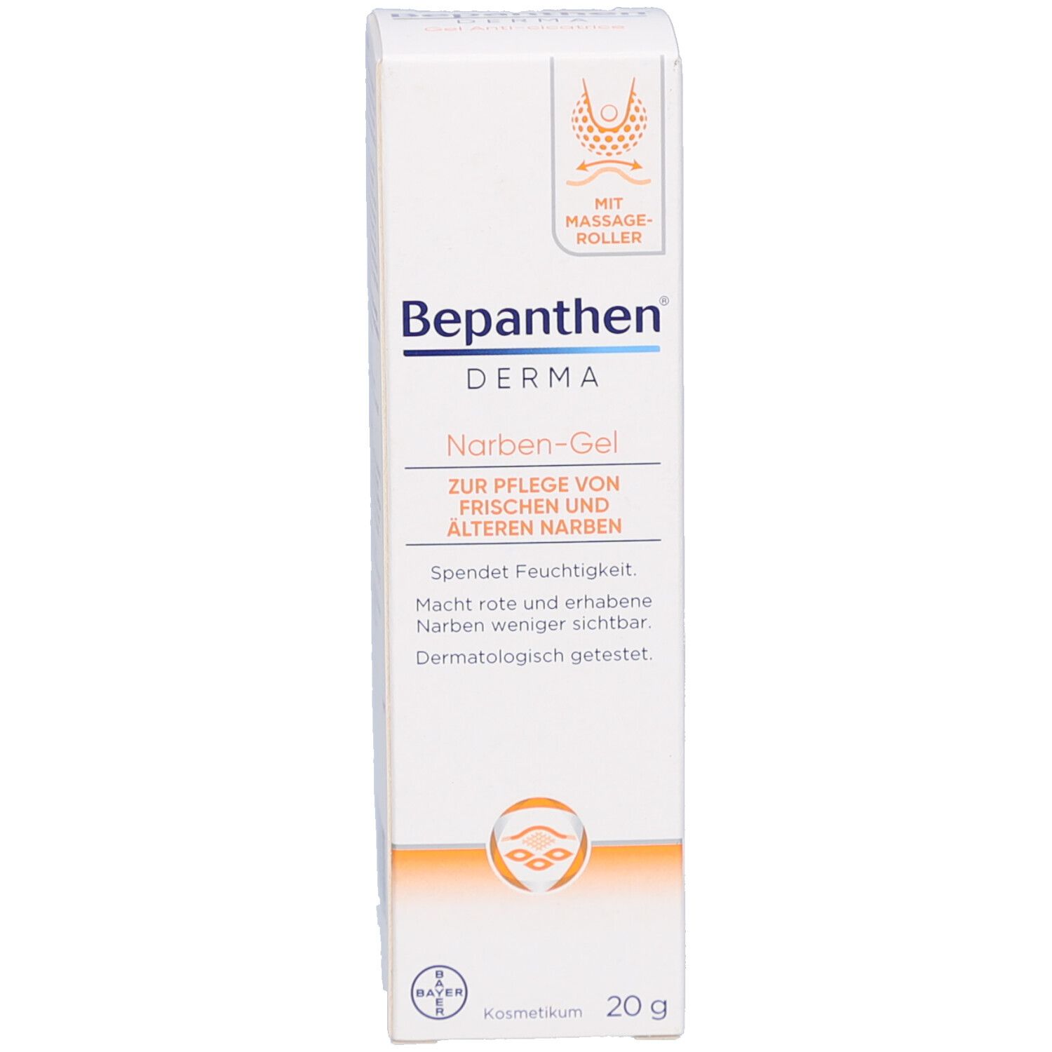 Weiße Produktverpackung. Aufschrift Bepanthen Derma Narben-Gel. 20g. Mit Massage-Roller.