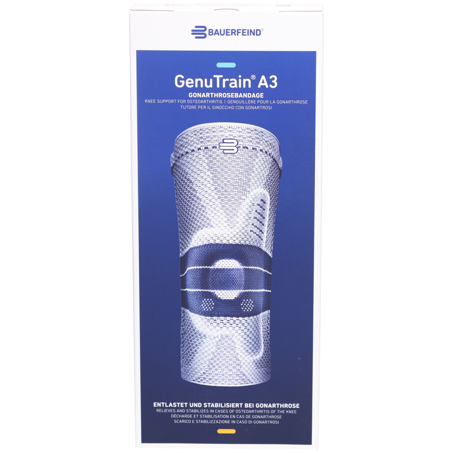 Bauerfeind GenuTrain A3 Kniebandage in Verpackung. Blau-grau. Produktabbildung auf blauem Hintergrund. Schriftzug: GenuTrain A3.