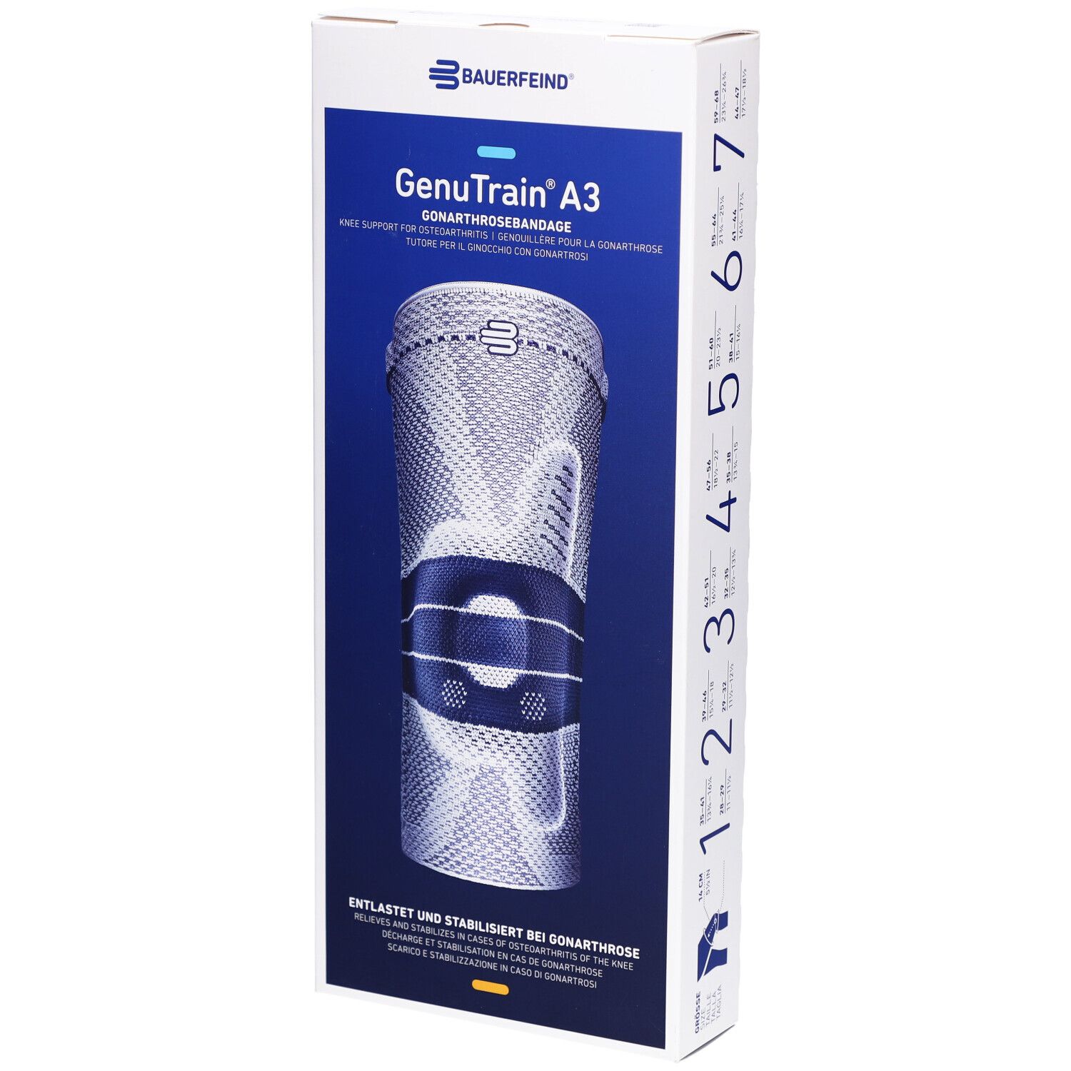 Bauerfeind GenuTrain A3 Kniebandage in Verpackung. Produktabbildung mit blauer und weißer Farbgebung. Größe 2, Titan, rechts.