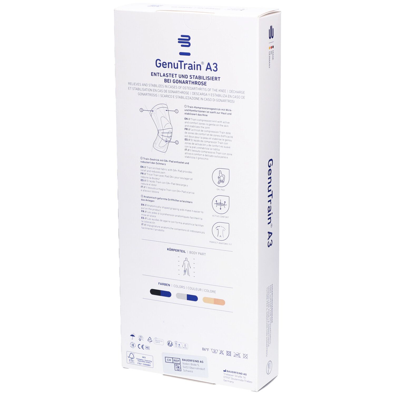 Rückseite der Verpackung der Bauerfeind GenuTrain A3 Kniebandage. Produktinformationen und Größenangaben. Größe 2, Titan, rechts.