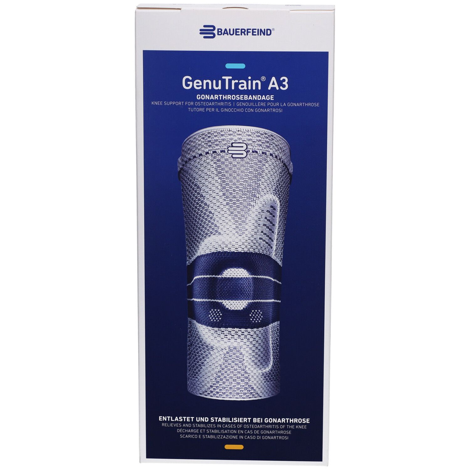 Bauerfeind GenuTrain A3 Kniebandage in Verpackung. Produktabbildung mit blauer und weißer Farbgebung. Größe 2, Titan, rechts.