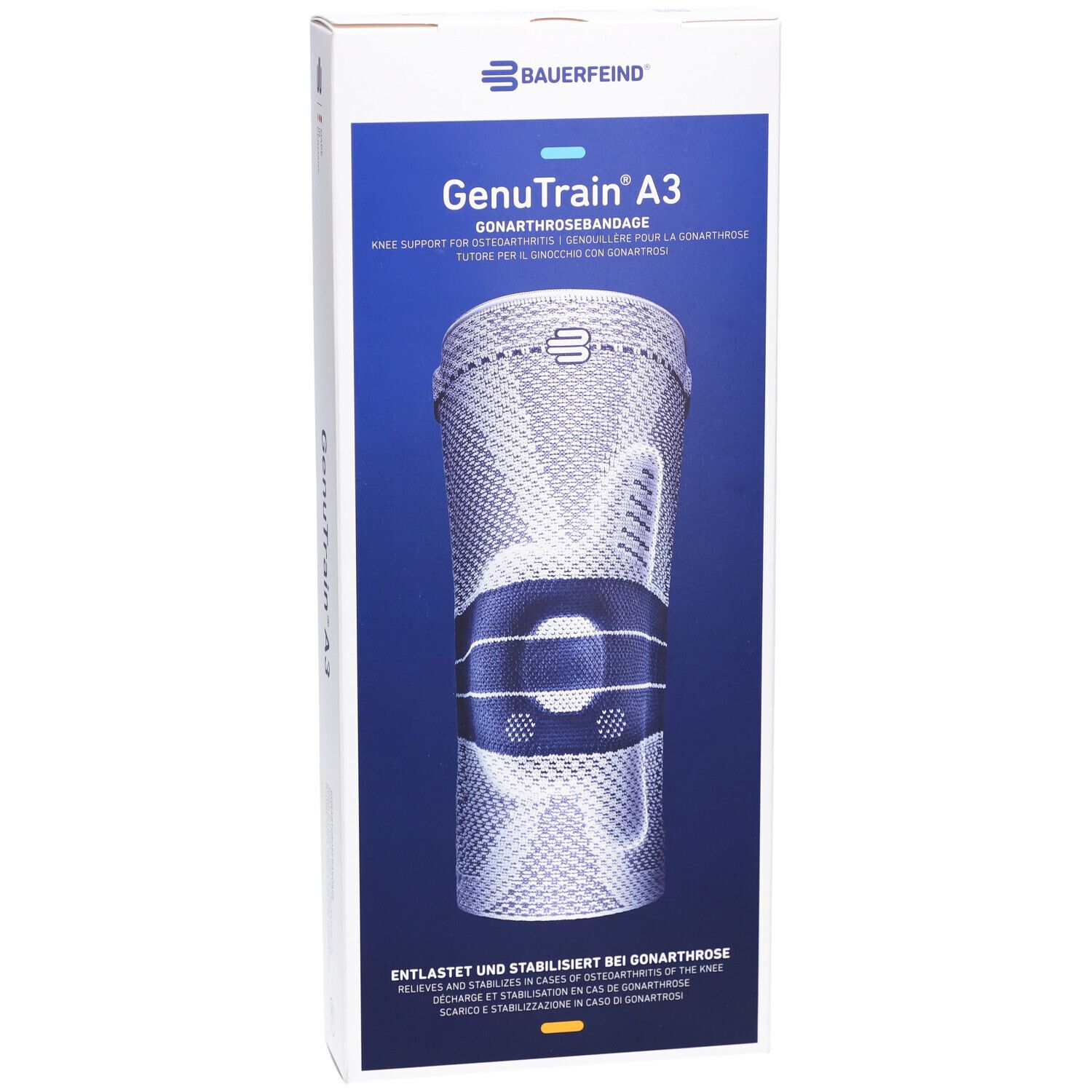 Bauerfeind GenuTrain A3 Kniebandage in Verpackung. Produktabbildung mit blauer und weißer Farbgebung. Größe 2, Titan, rechts.