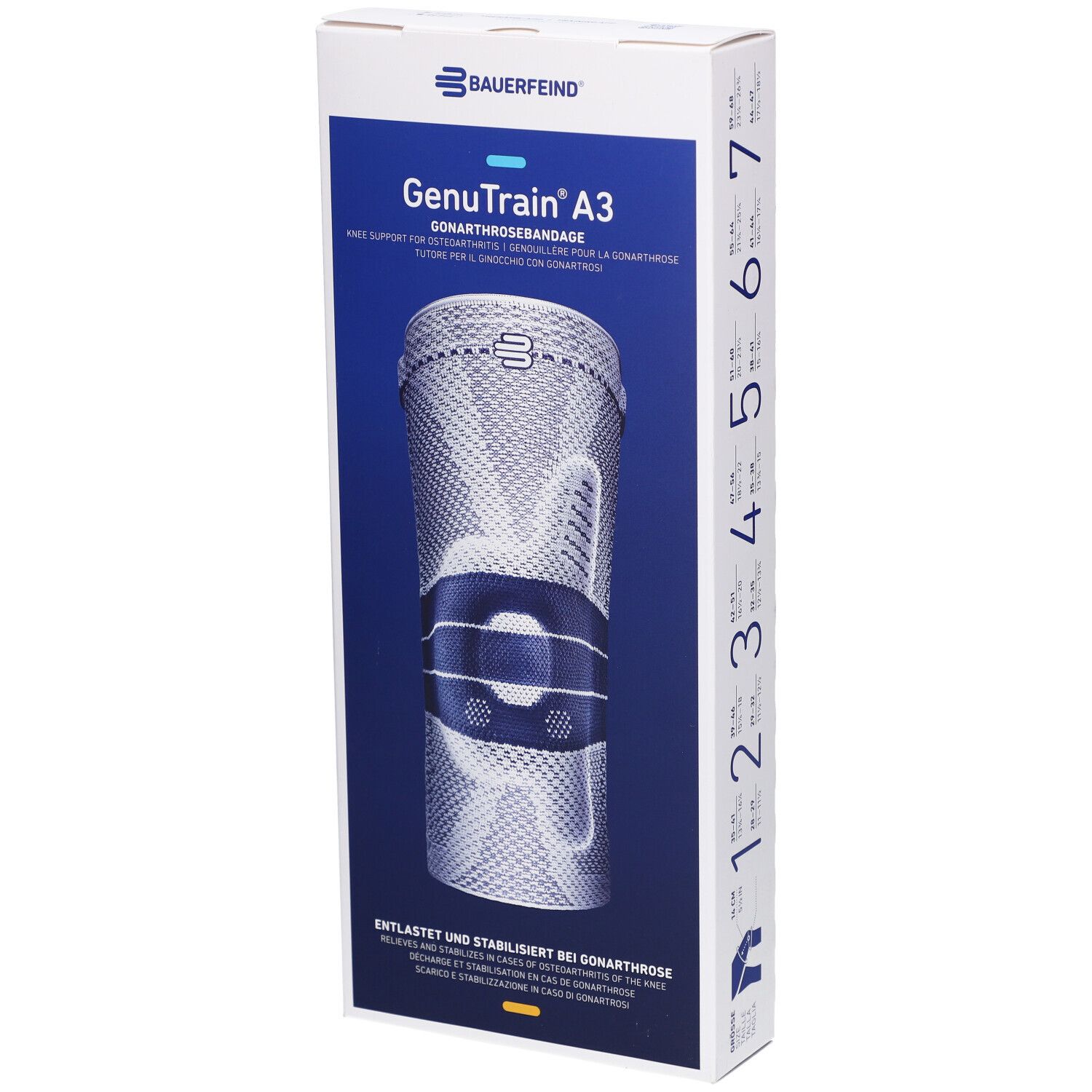 Bauerfeind GenuTrain A3 Kniebandage in Verpackung. Größenangabe 1-7 auf der Seite. Produktname und Logo auf der Vorderseite.