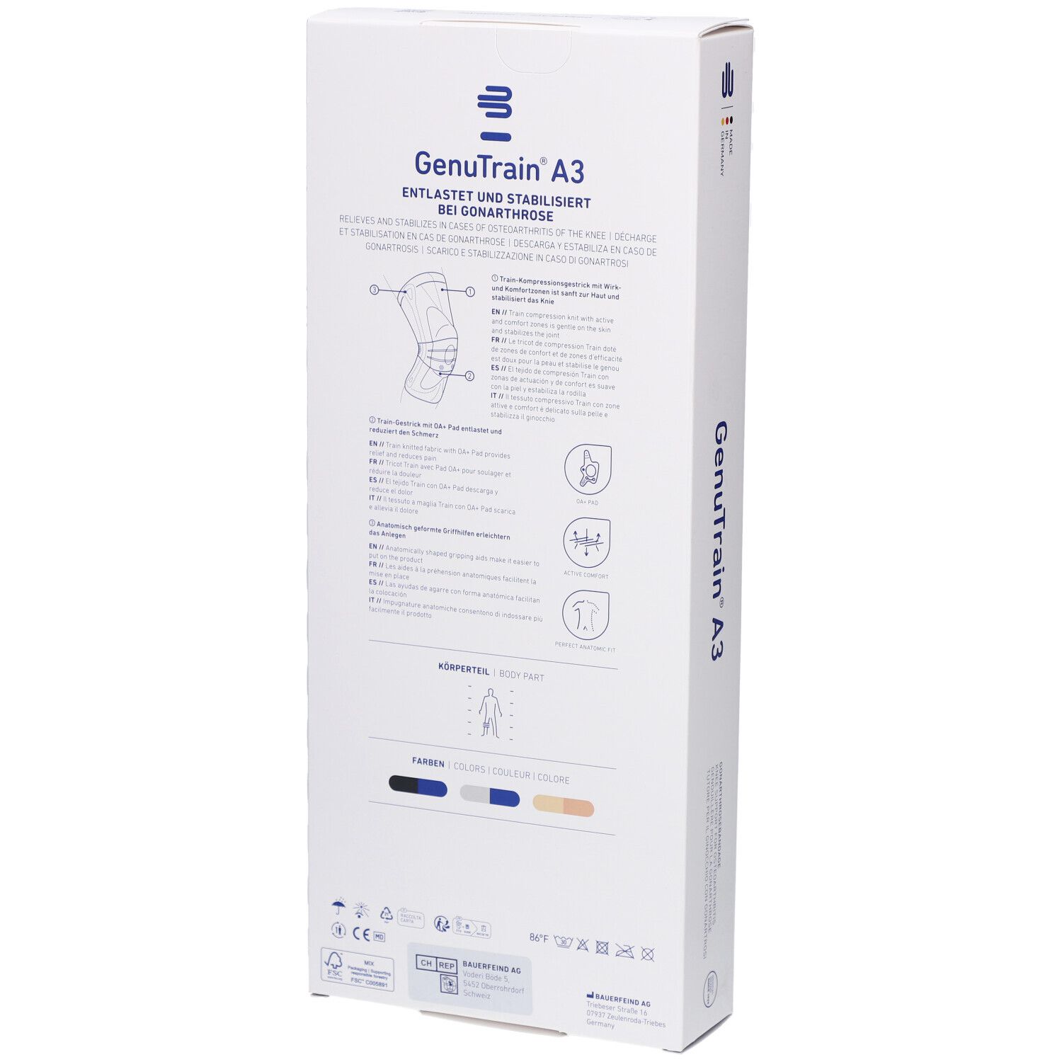 Rückseite der Bauerfeind GenuTrain A3 Verpackung. Produktinformationen und Piktogramme. Größenangaben und Zertifizierungen.