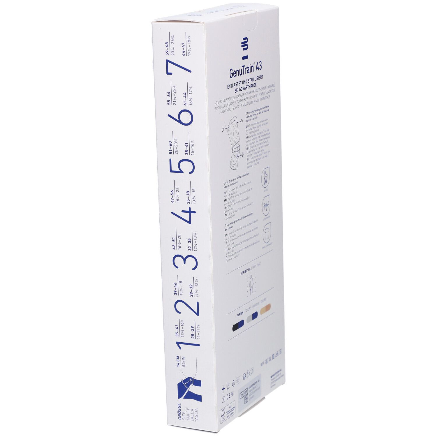 Bauerfeind GenuTrain A3 Verpackung, Seitenansicht. Größenangaben 1-7. Produktinformationen und Logo. Kniebandage im Inneren.