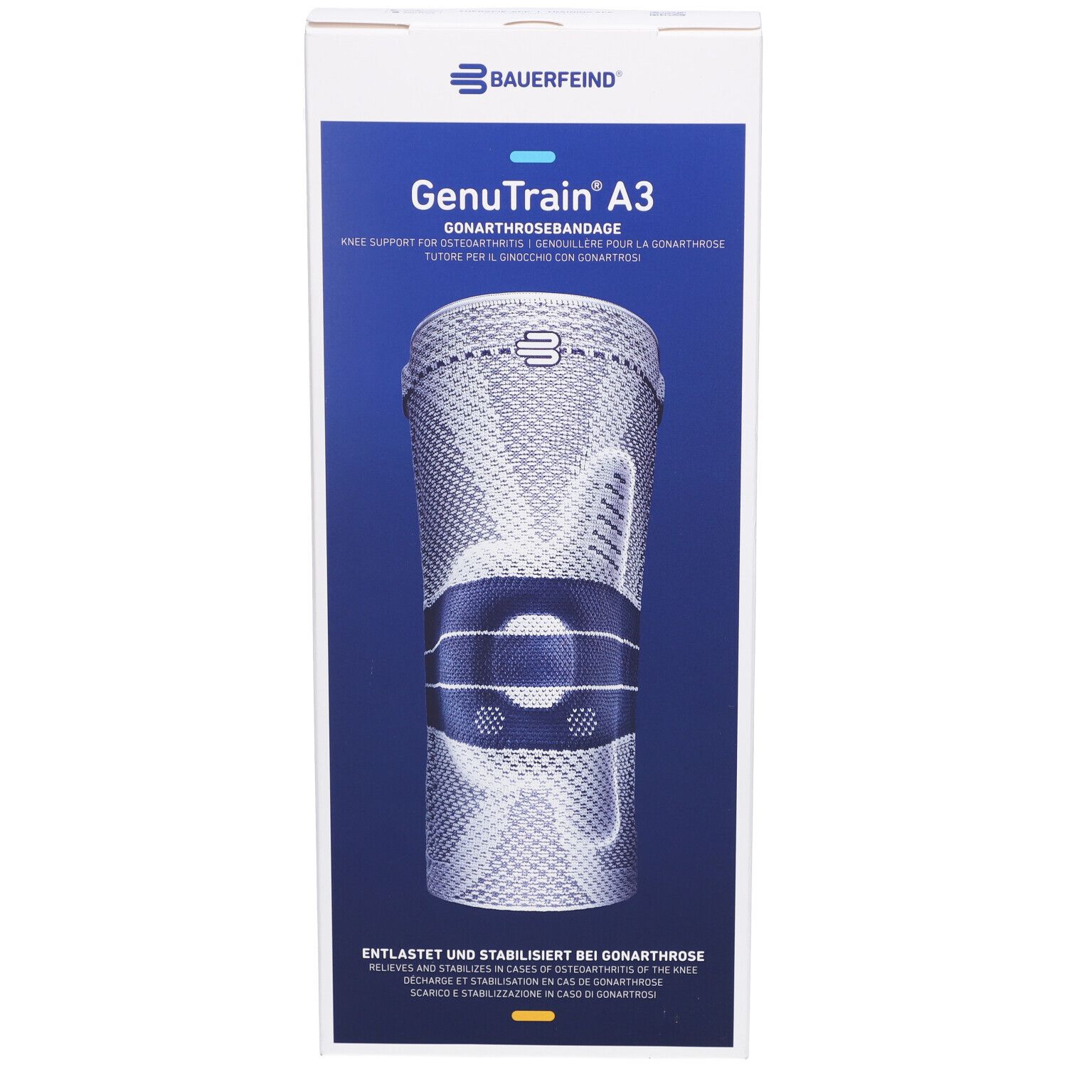 Bauerfeind GenuTrain A3 Kniebandage in Verpackung. Produktname und Logo auf der Vorderseite. Kniebandage sichtbar.