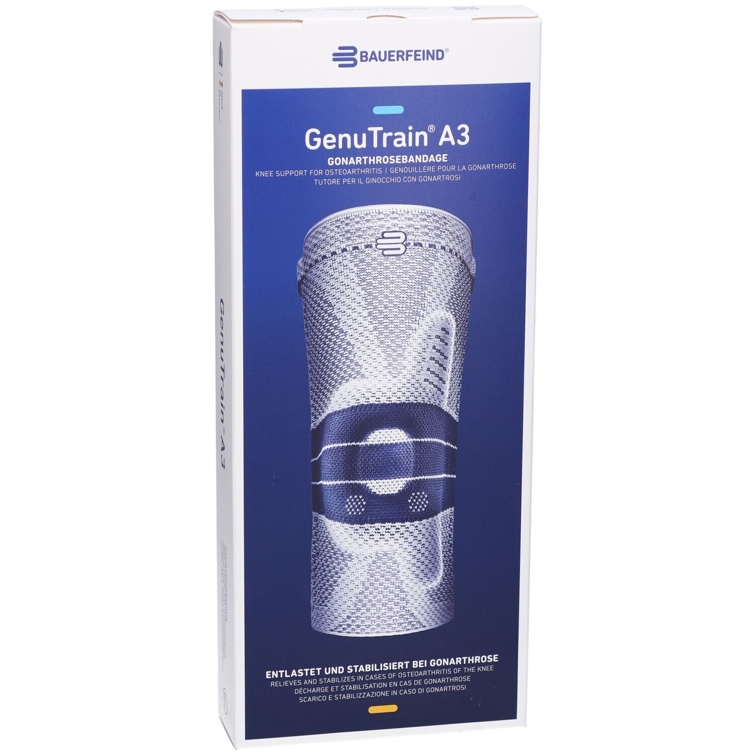 Bauerfeind GenuTrain A3 Kniebandage in Verpackung. Produktname und Logo auf der Vorderseite. Kniebandage sichtbar.