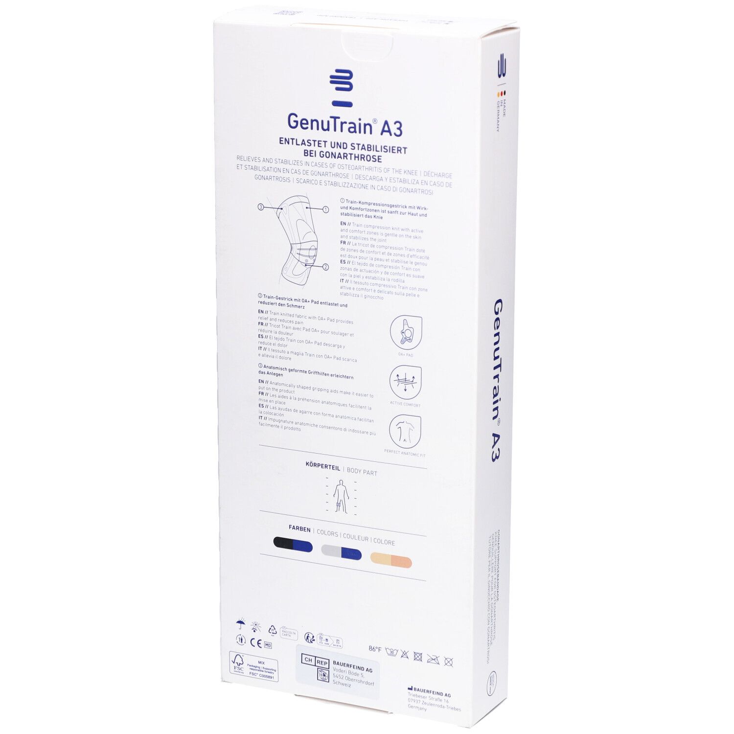 Rückseite der Bauerfeind GenuTrain A3 Kniebandage Verpackung. Produktinformationen, Größenangaben, Logos.